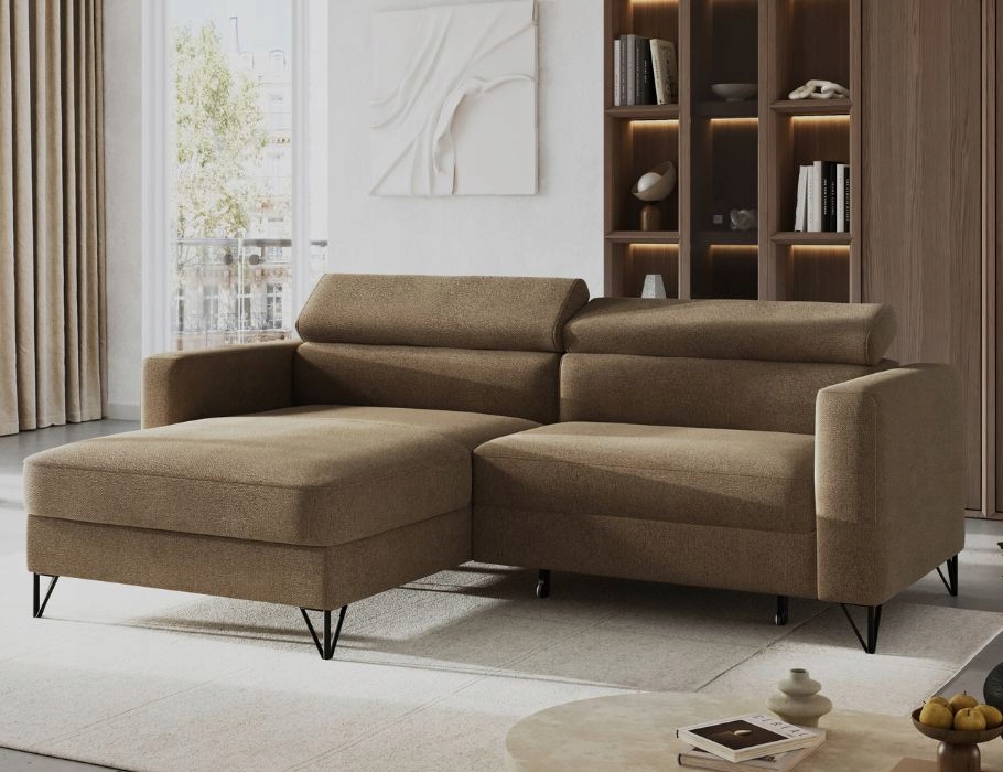 Hnědý rohová sedací souprava Otino na vysokých černých nožkách s funkcí spaní