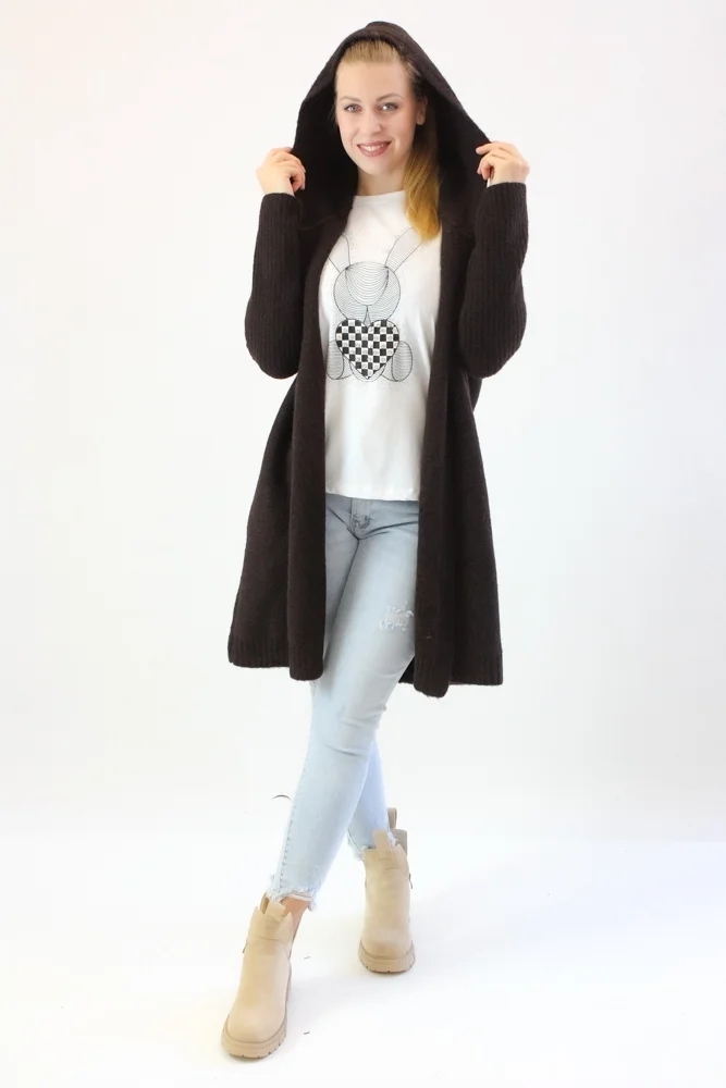 Vlněný kardigan s kapucí Hnědý Uni