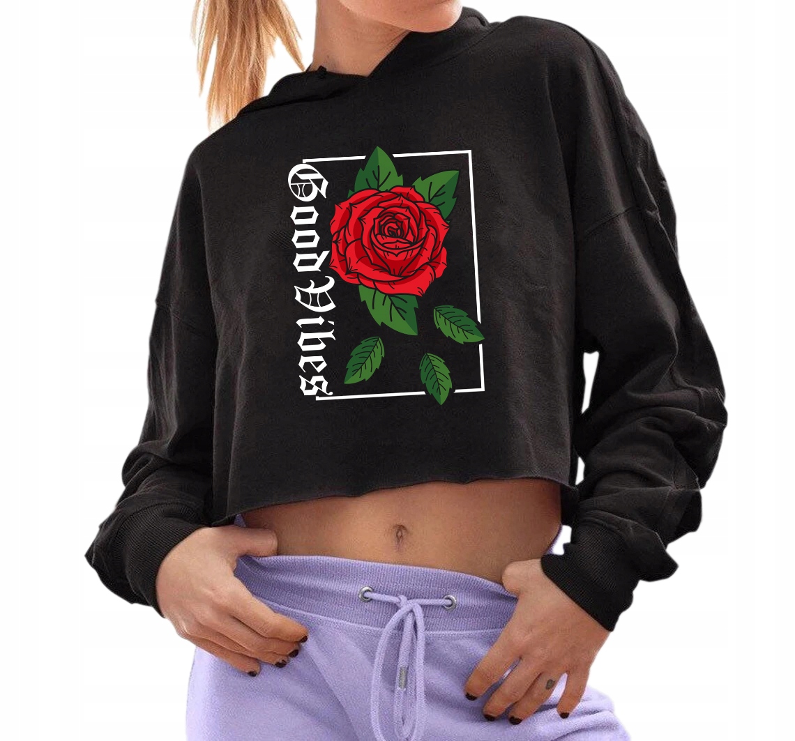 Mikina Černá Cropped Krátká Good Vibes Streetwear Módní Trend Vel M