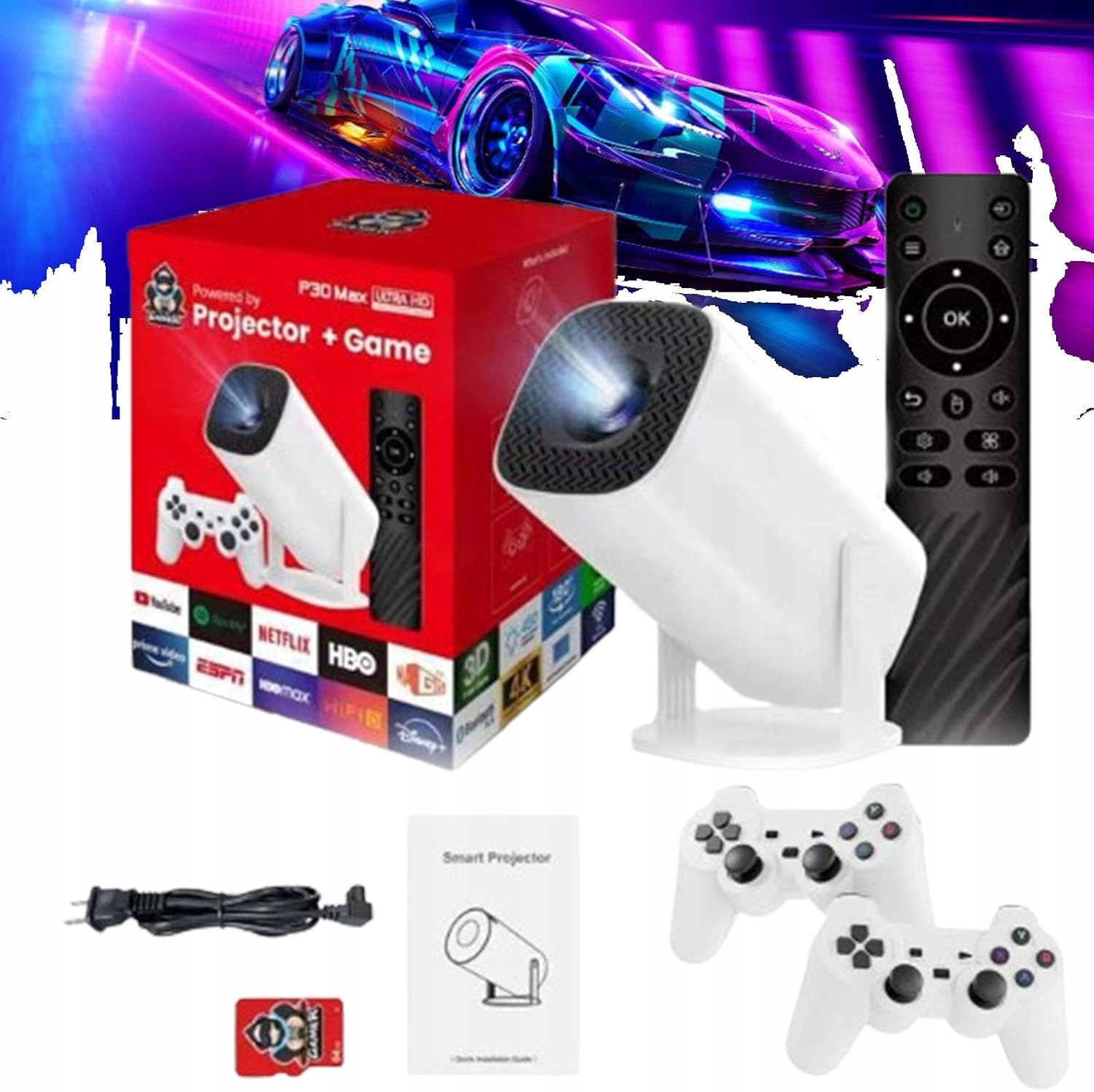 Projektor z systemem Android 11 Grami Retro + 2 Pady 20000 Gier Konsola Ret