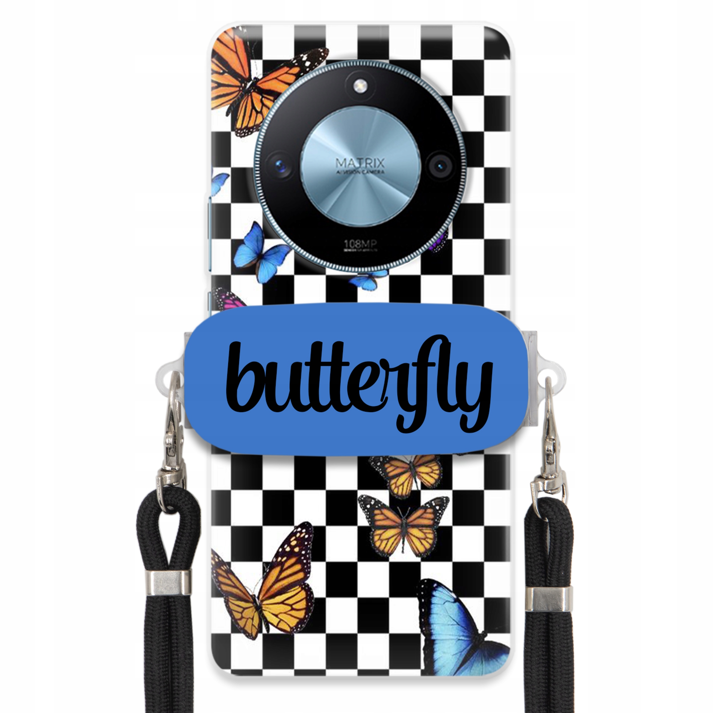 Puzdro Na Honor X50 5G Puzdro Obdĺžnikový Držiak Čierne Vodítko Butterfly Motýle