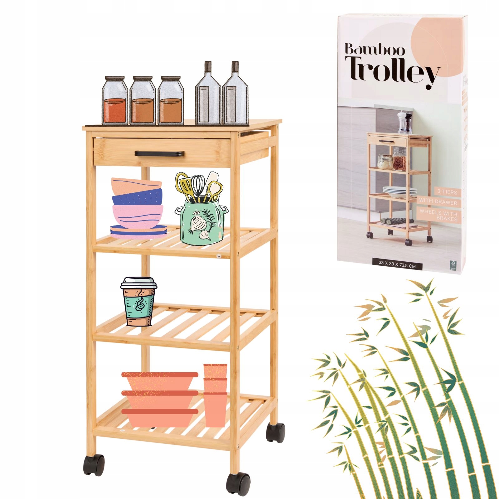 Vozík Koupelnová Polička Kuchyňská Skříňka Na Kolečkách Bambusový Regál 3 Úrovně