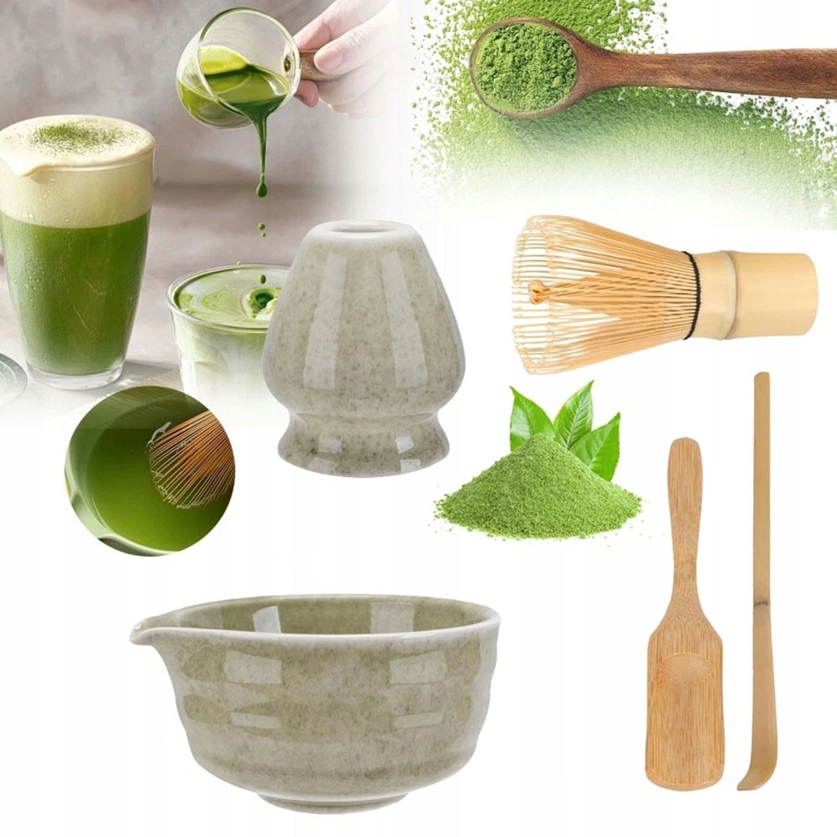 Levně Sada pro Matchu – Miska Metla lžička Mixér, Startovací Sada Zelená