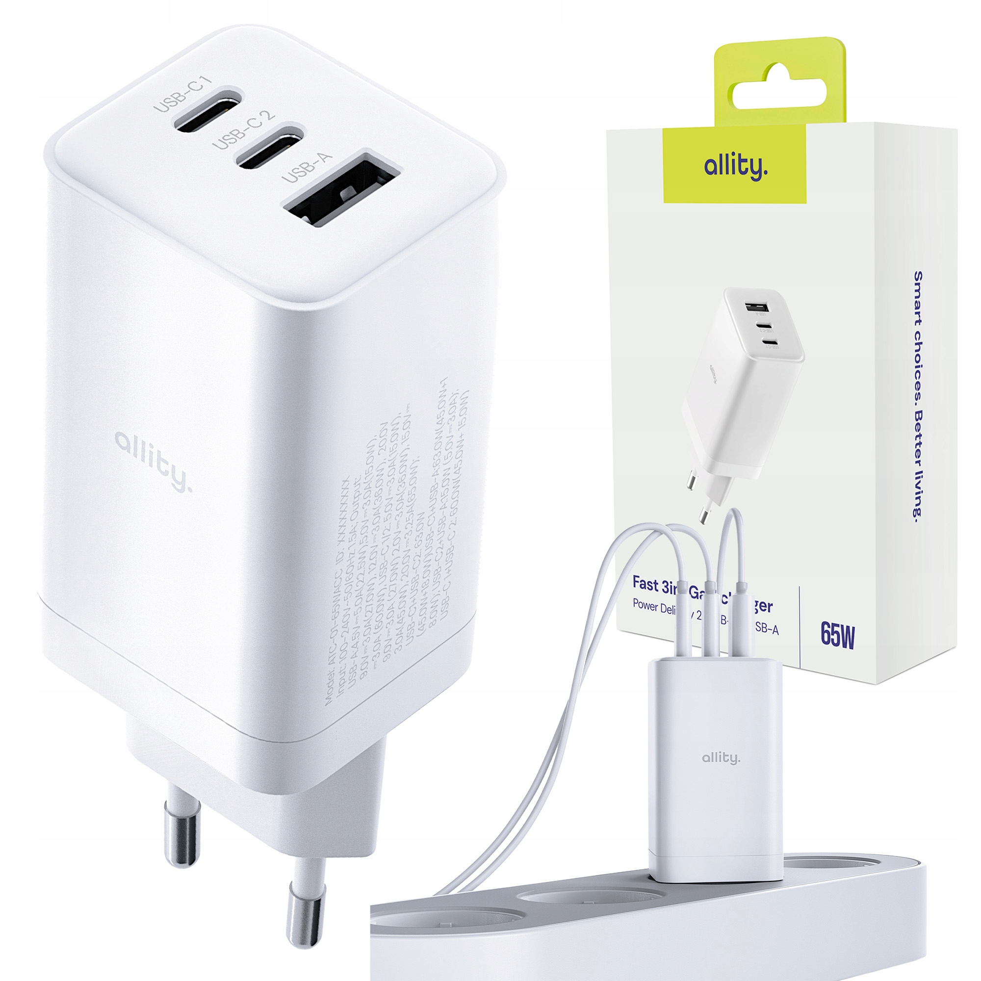 Allity ładowarka Usb-c x2 Usb 65W sieciowa do laptopa telefonu szybka mocna