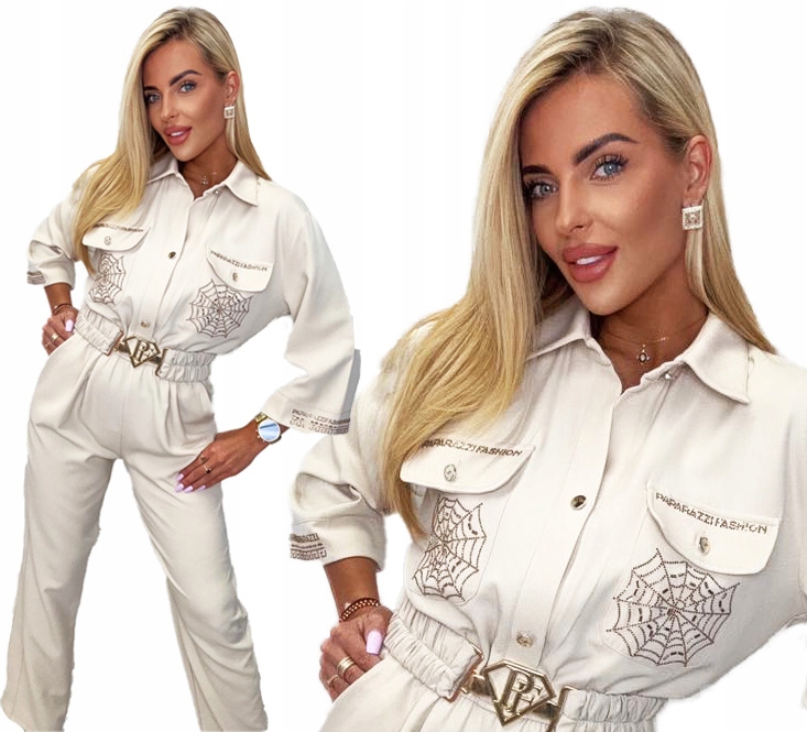 Dámská elegantní béžová bavlněná kombinéza s páskem Paparazzi Fashion