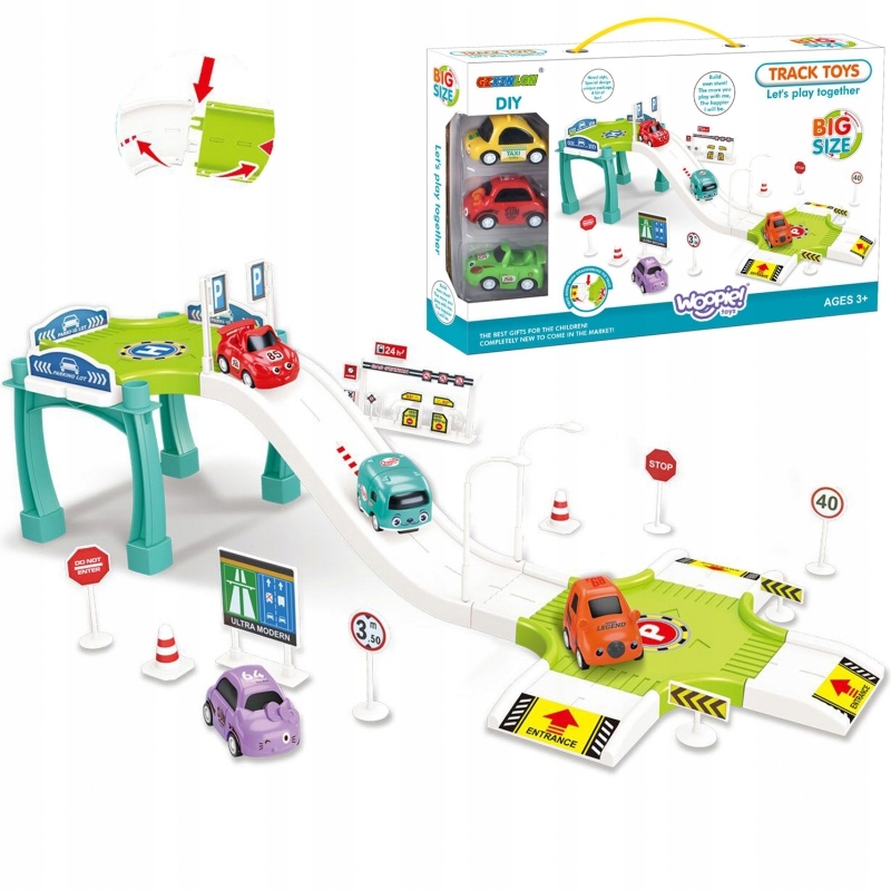 WOOPIE Tor Parking Garaż Samochodowy Zestaw Stacja Paliw Znaki Drogowe 3