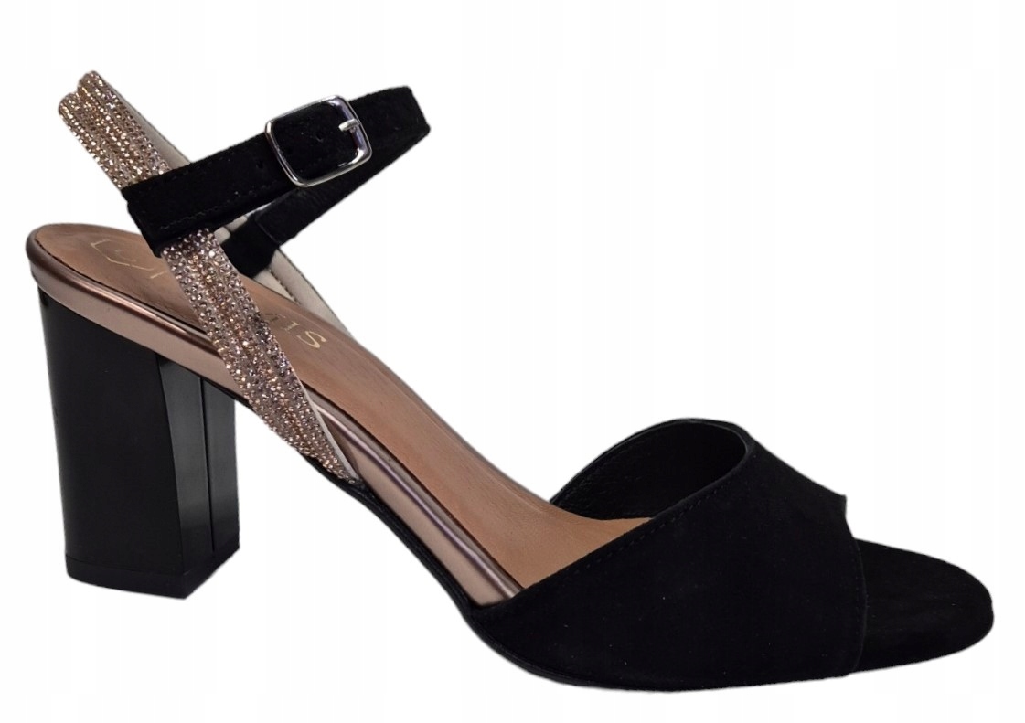 Gamis 7148 Sandály na podpatku Černá+Zlatá semišová kůže vel.36