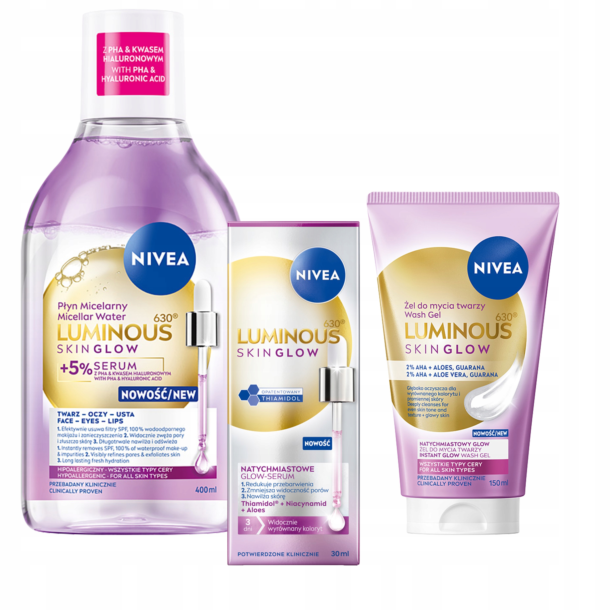 Sada Nivea LUMINOUS630 Skin Glow Serum Micelární voda Gel na mytí obličeje