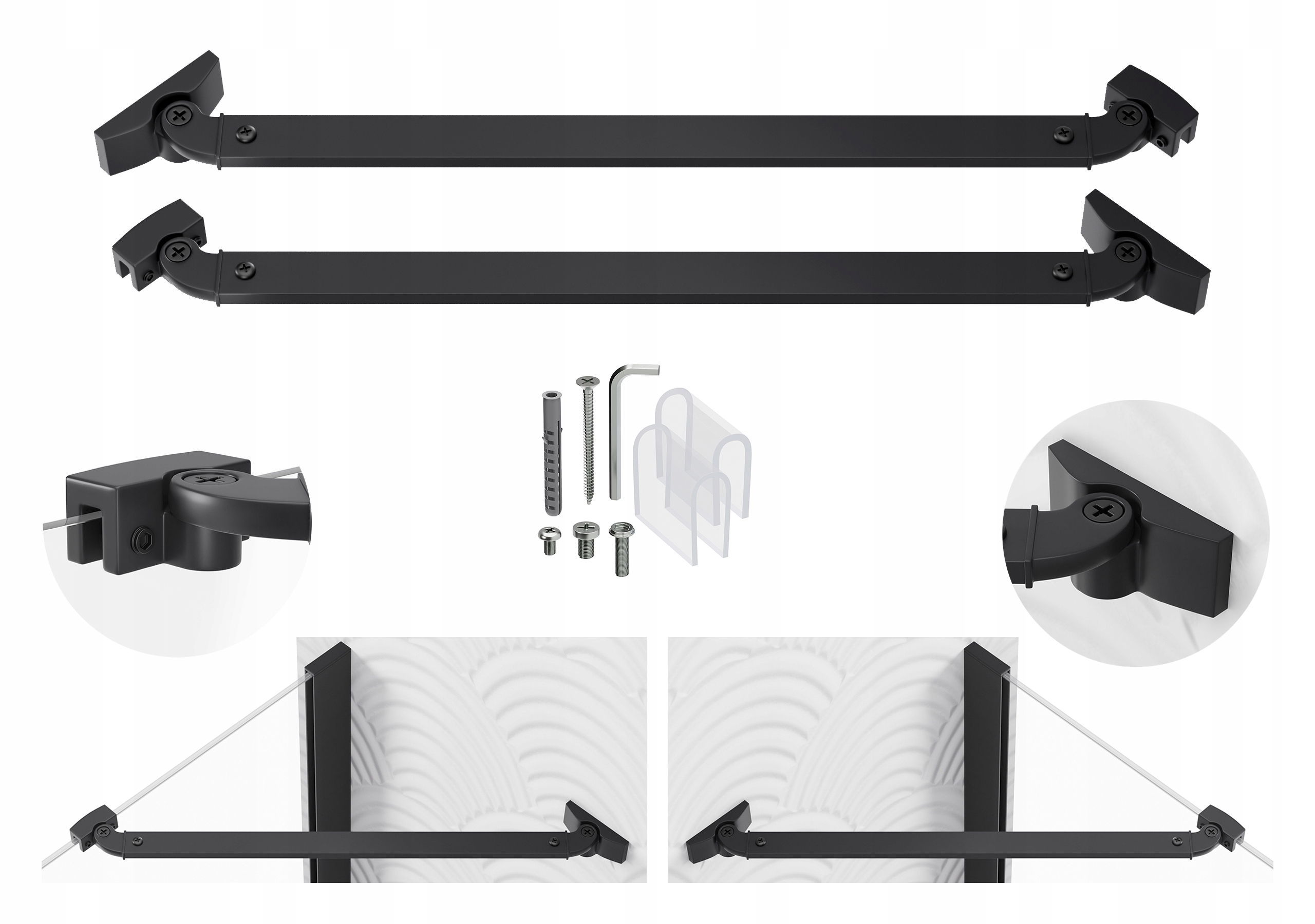 Držák do sprchového koutu černý úhlový 37 cm na sklo 6 mm, sada 2 ks