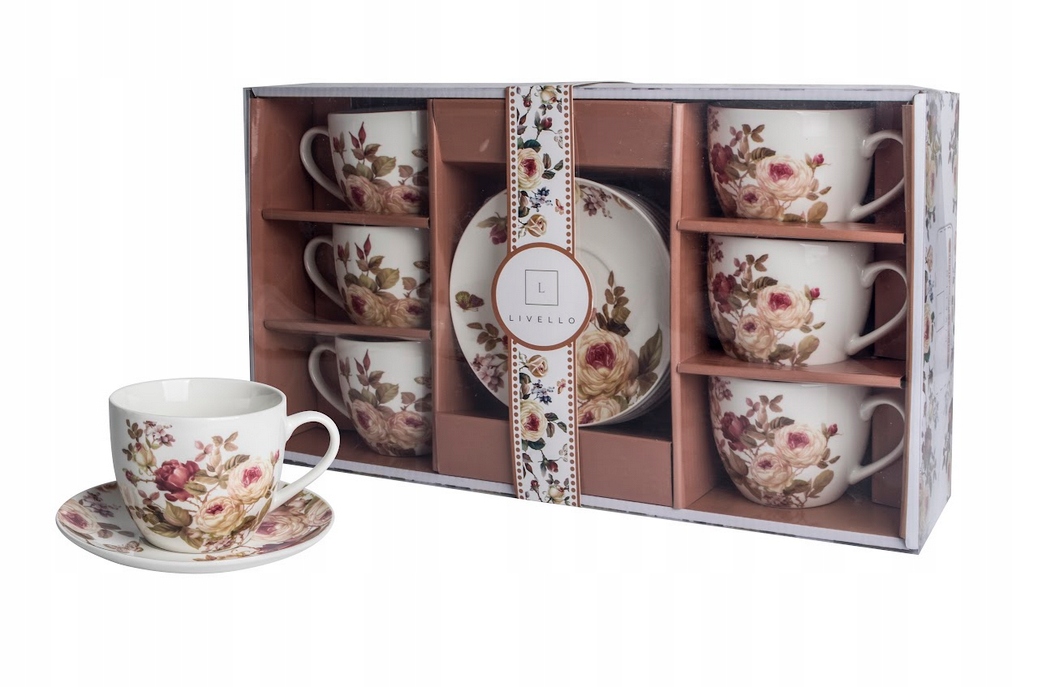 Komplet Filiżanek 6+6 Livello kwiaty filiżanki zdobione filiżanka porcelana
