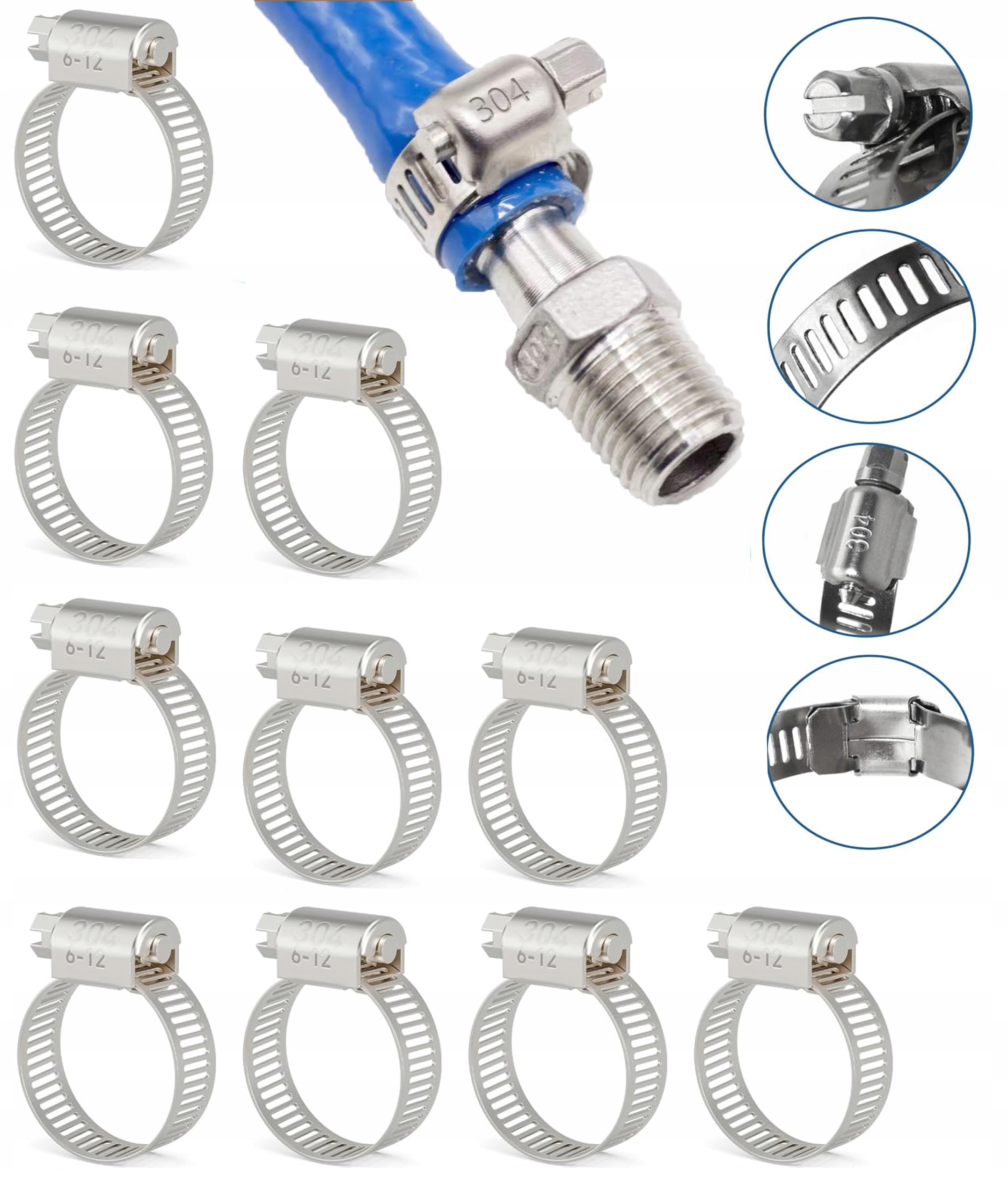 10x Obejma 6-12 mm Opaski Ślimakowe Metalowe 304 Stal Nierdzewna Odporne