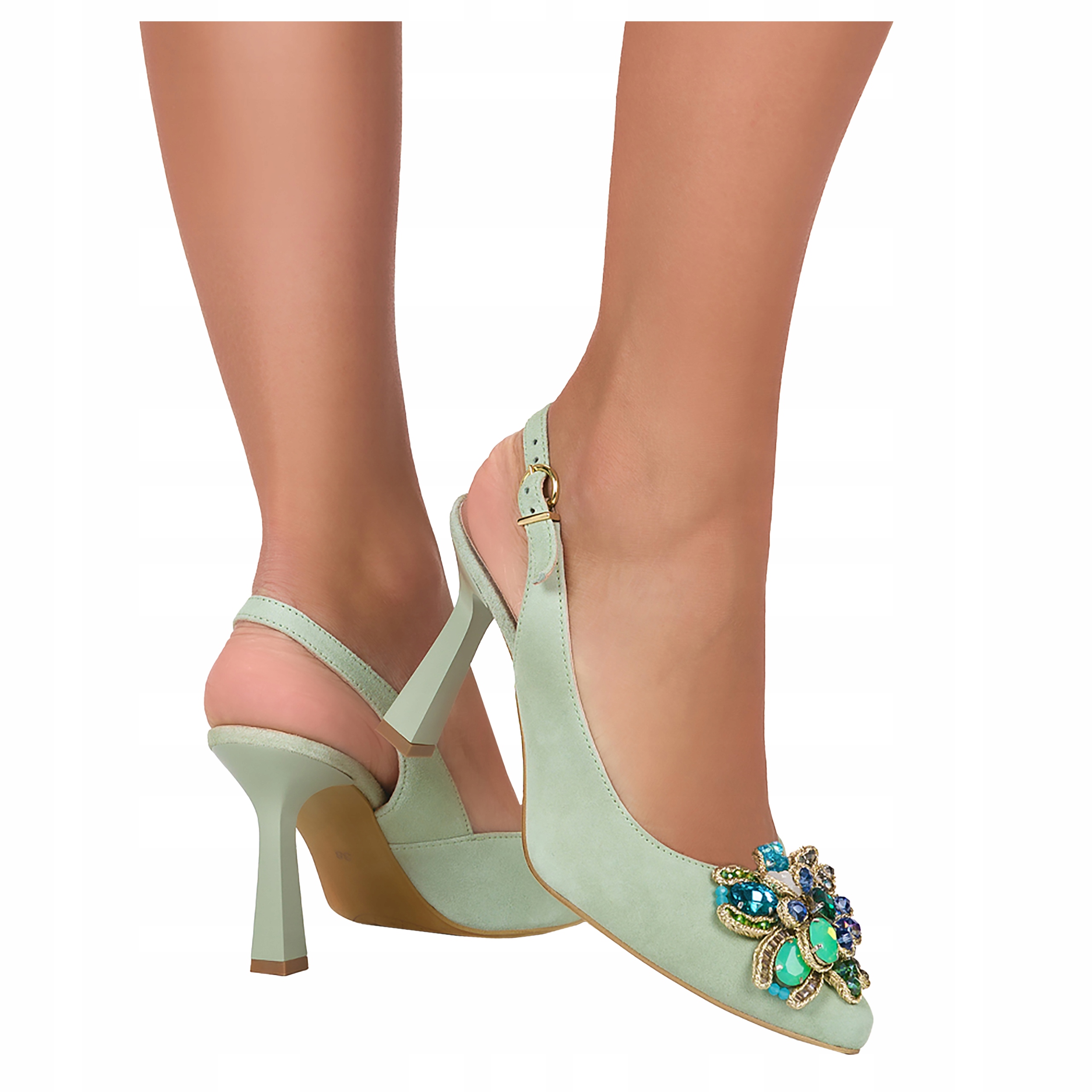 Kožené Lodičky Na Podpatku S Odkrytou Patou, Ozdoba