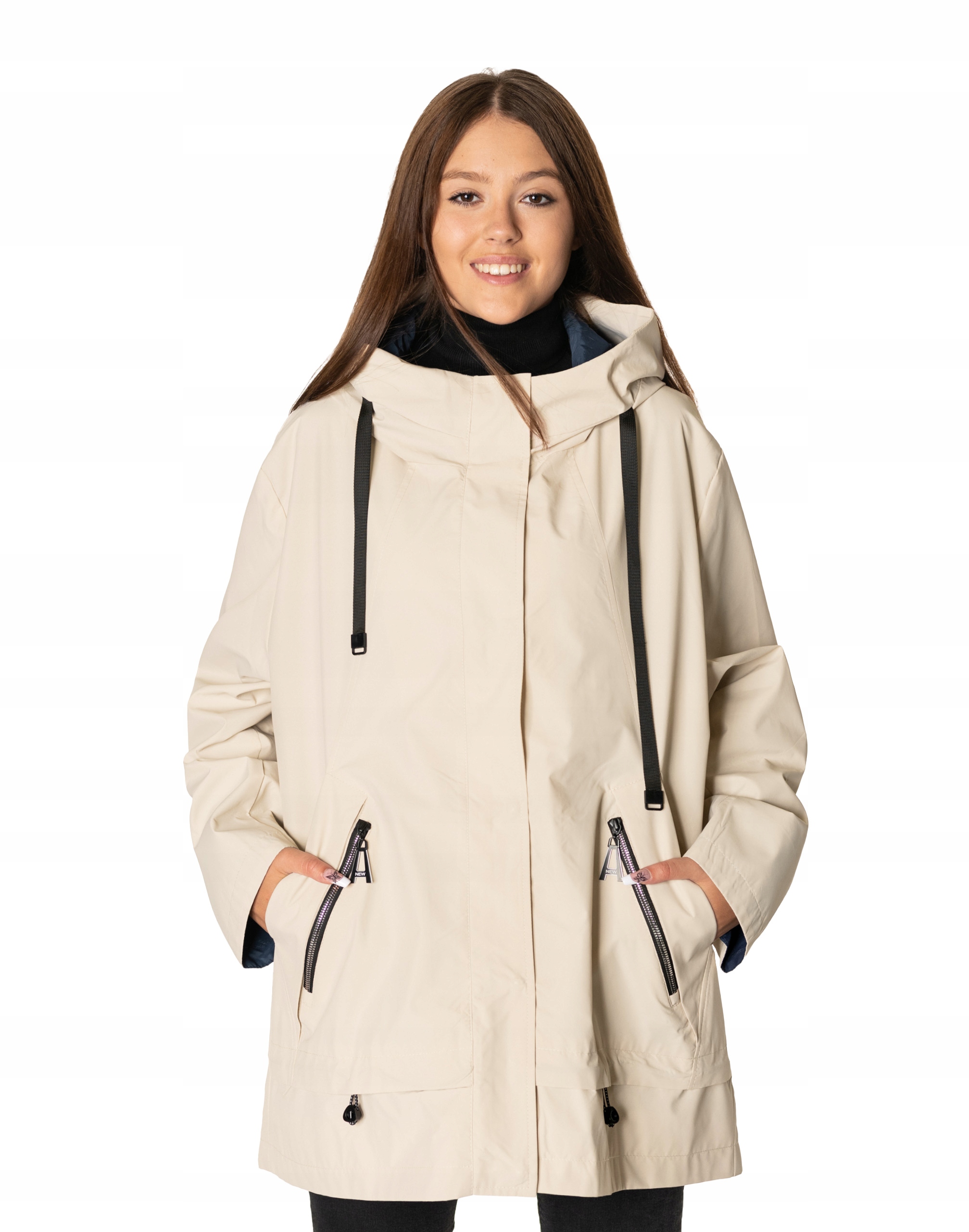 Velká dlouhá dámská přechodová bunda s větrovkou Kapuce F801-01 60/62