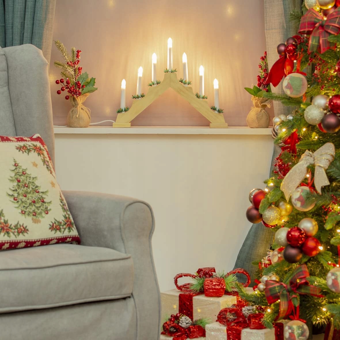 DREWNIANY ŚWIECZNIK ADWENTOWY ŚWIECE 7 LED LAMPKI ADWENT DO OKNA ŚWIĄTECZNY Wysokość produktu 30 cm