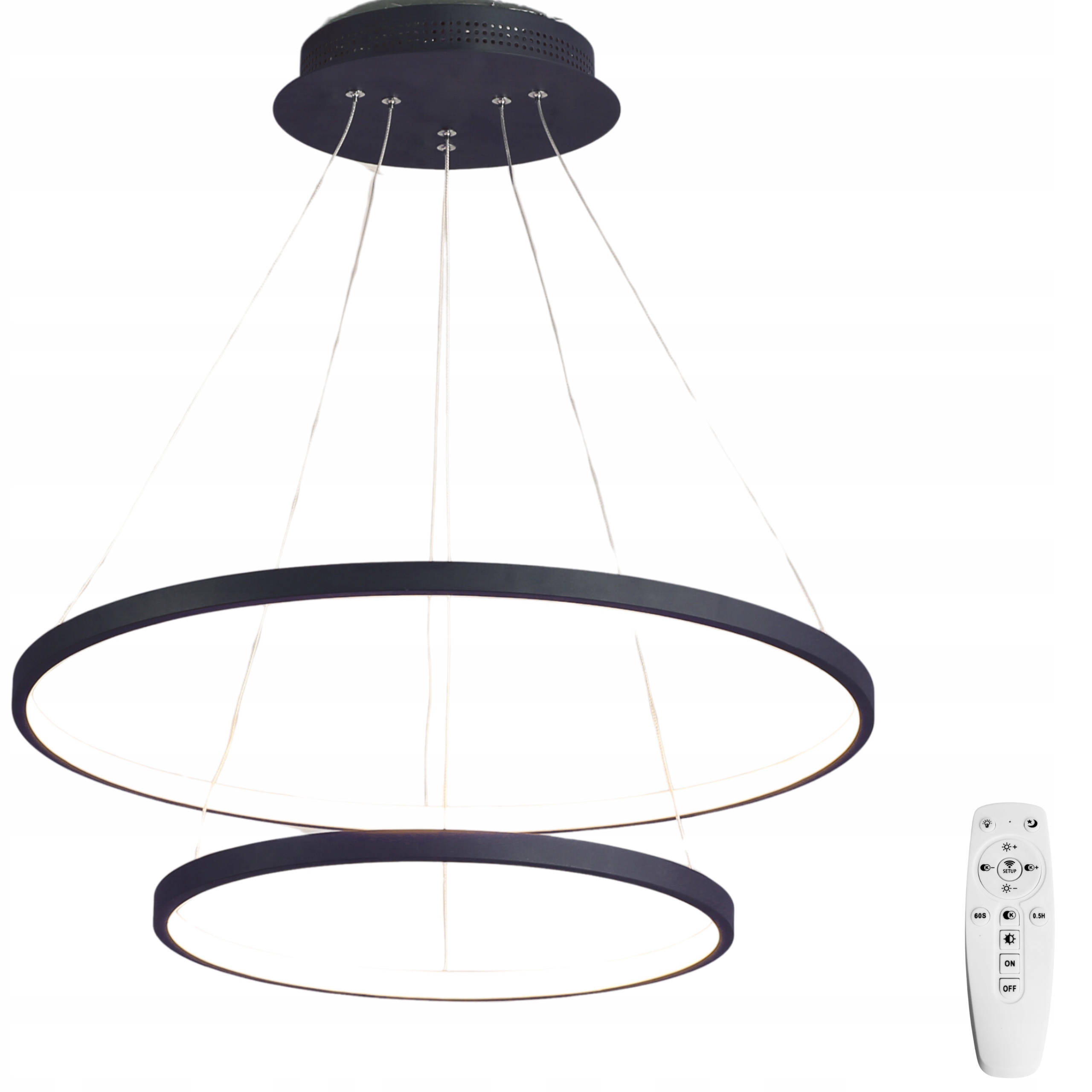 Stropní Svítidlo 60/80 cm 2 Kroužky černá závěsná Led Lustr Dálkový Ovladač do obývacího pokoje