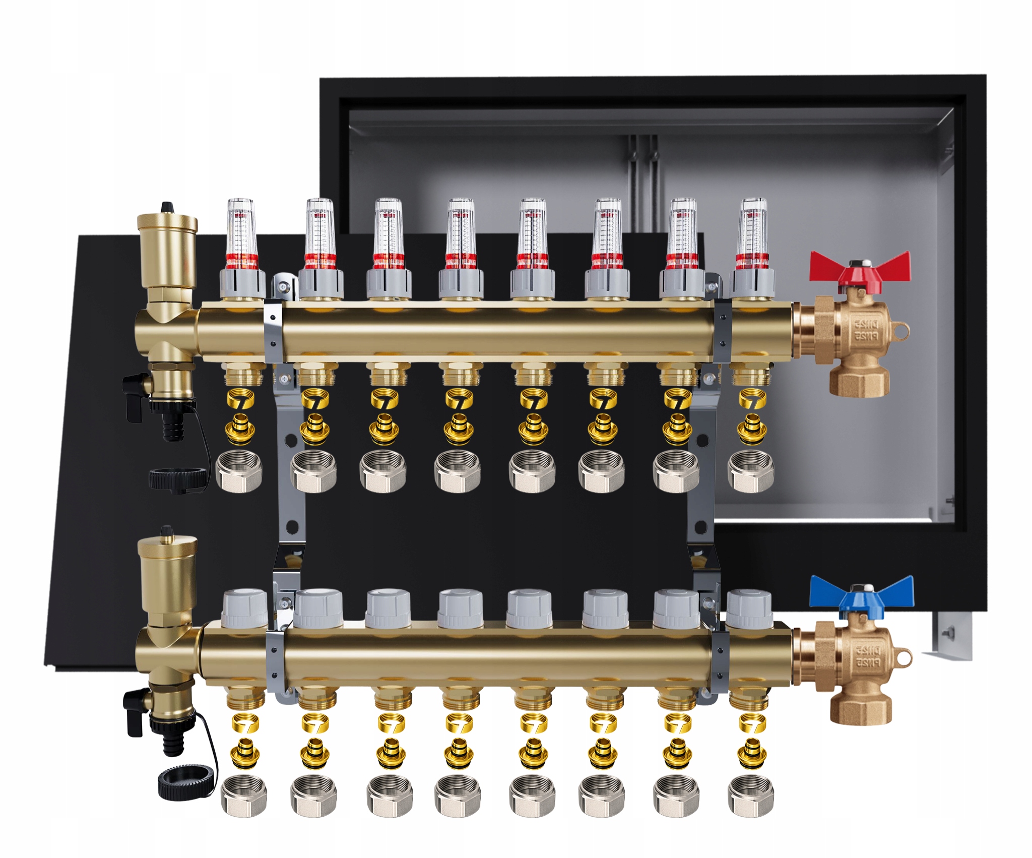 Rozdělovač podlahový mosazný 8 obvodů Podomítková skříňka Černá Pex