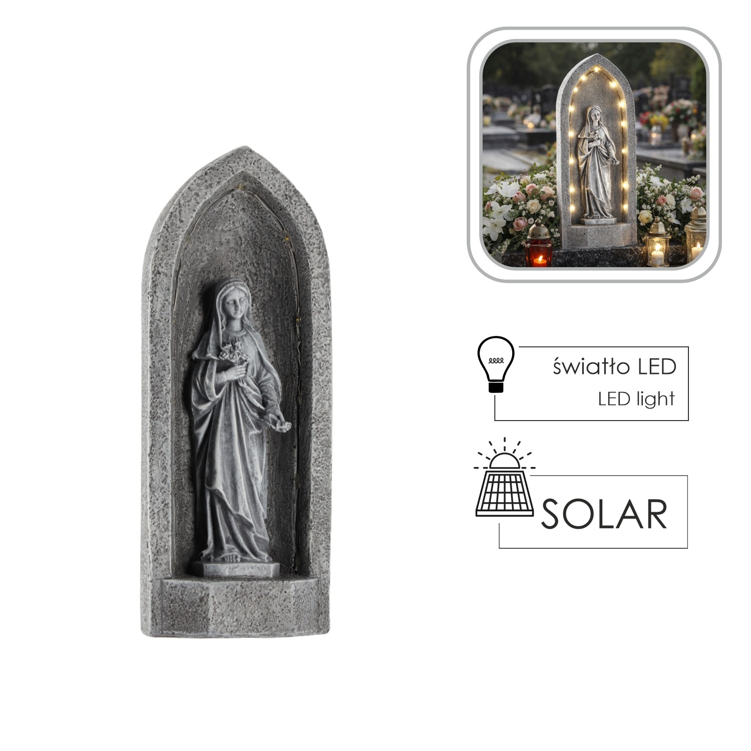 Figura Maryja W Kapliczce Led 12 x 9 x30CM *1628 Solar dekoracja nagrobna