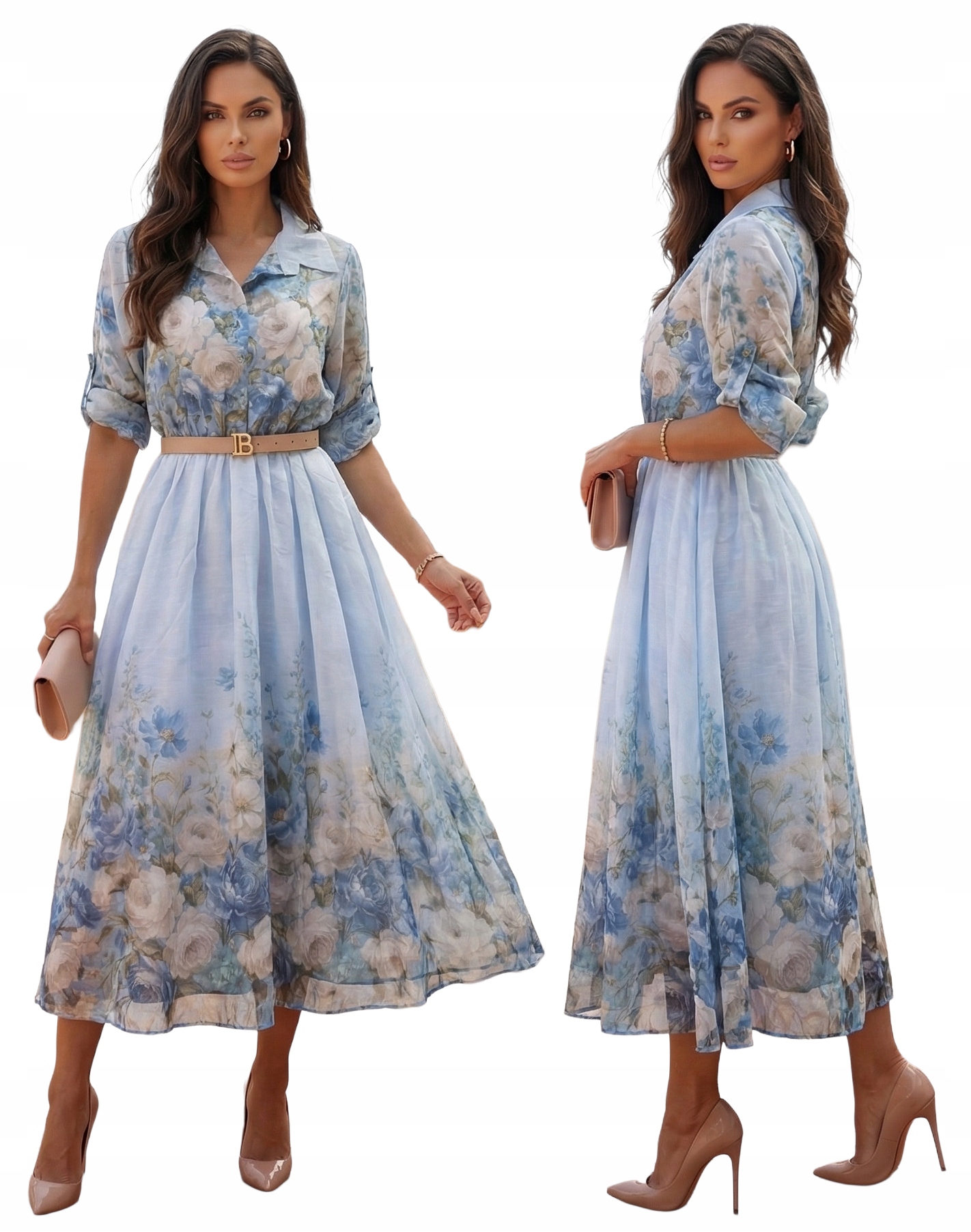 Šaty Košilové Květiny Šmizjerka Modrá Podšívka Gumička Premium