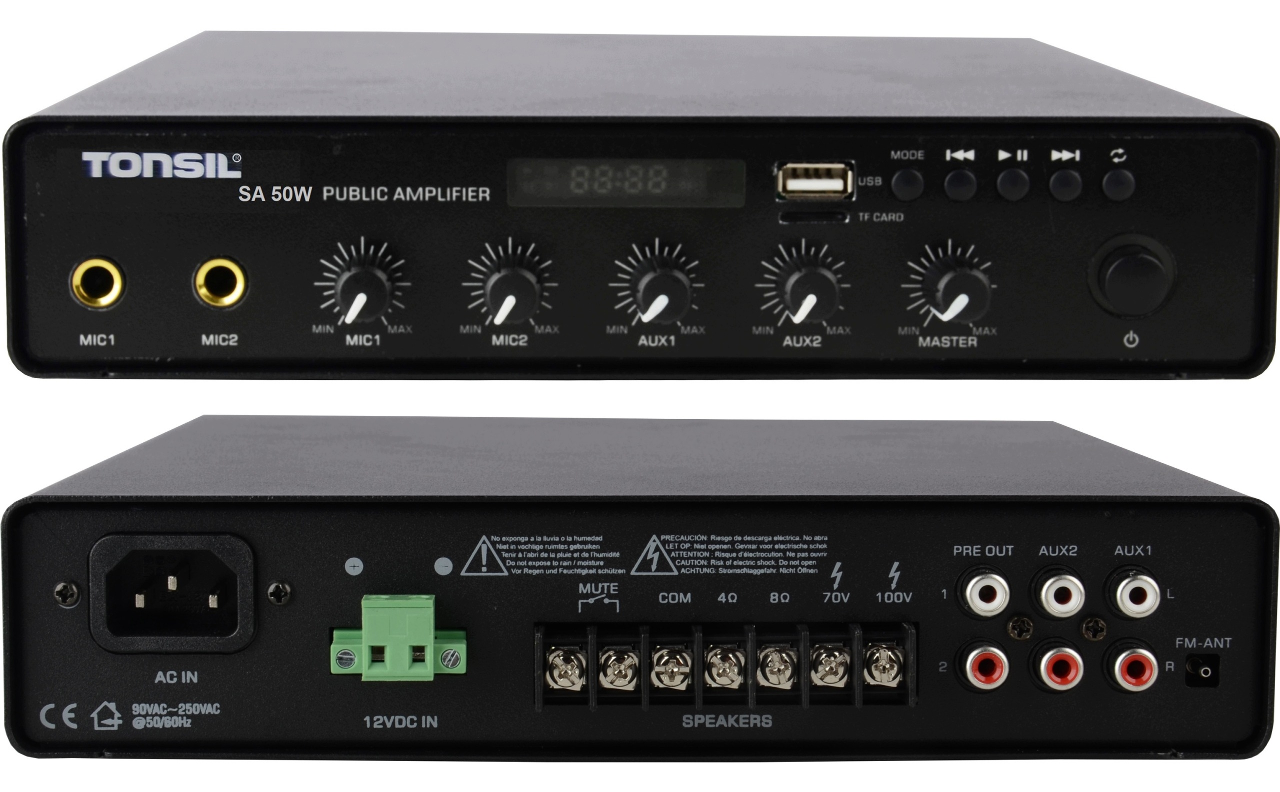 Zesilovač Tonsil Sa 50W Bluetooth Usb Aux Sd Fm 8ohm 70V 100V 50W