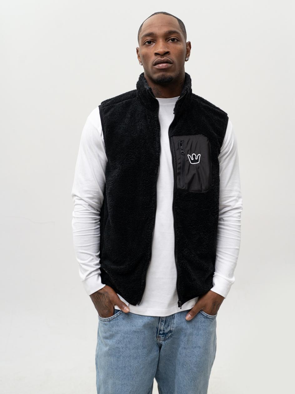 Pánská Vesta Bunda Bez Rukávů Polar Medvídek Sherpa Módní Zip Černá Jigga XL