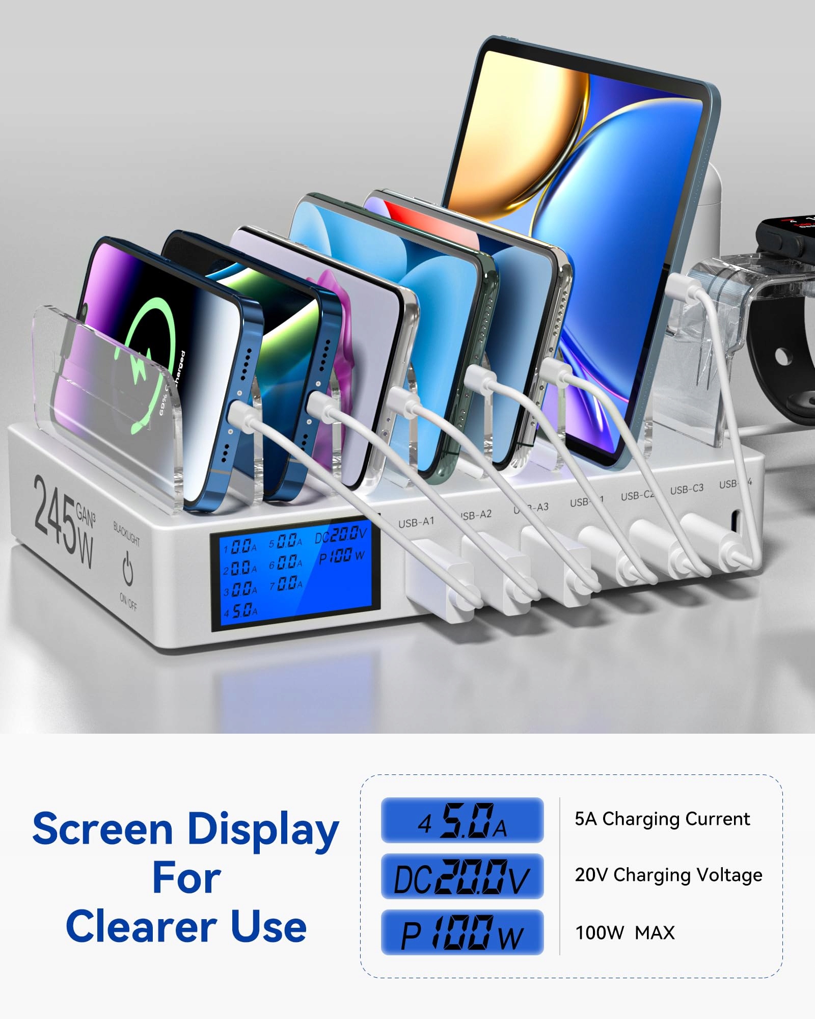 RSYDMNY Stacja Ładowania 245W 7-Port LCD USB C Szybkie Ładowanie Urządzeń — miniatura 3