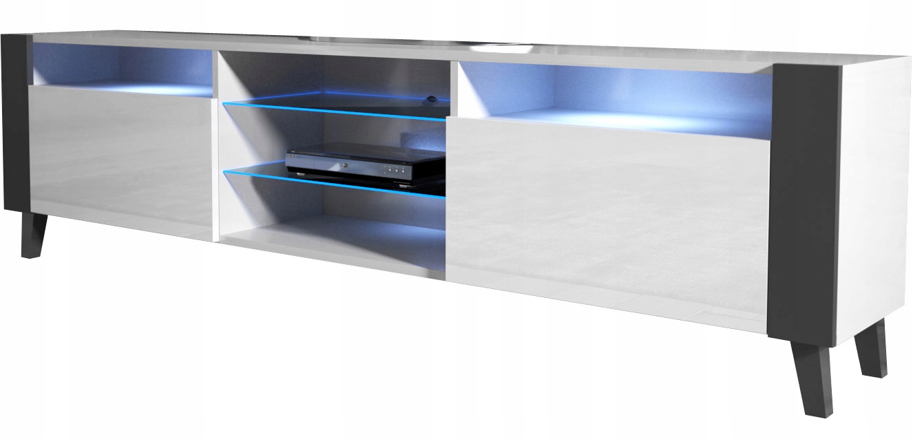 Komoda półka Szafka RTV 200cm biały + połysk + LED