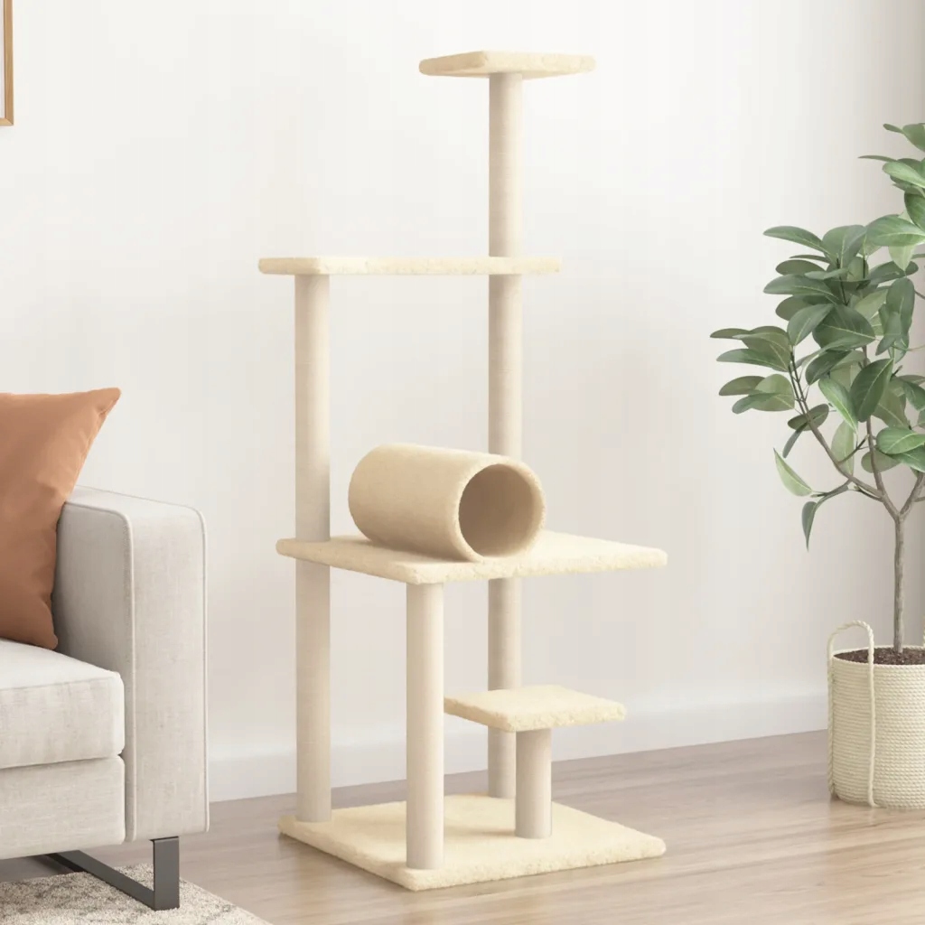 Levně Škrabadlo pro kočky se sisalovými sloupky, krémové, 136 cm