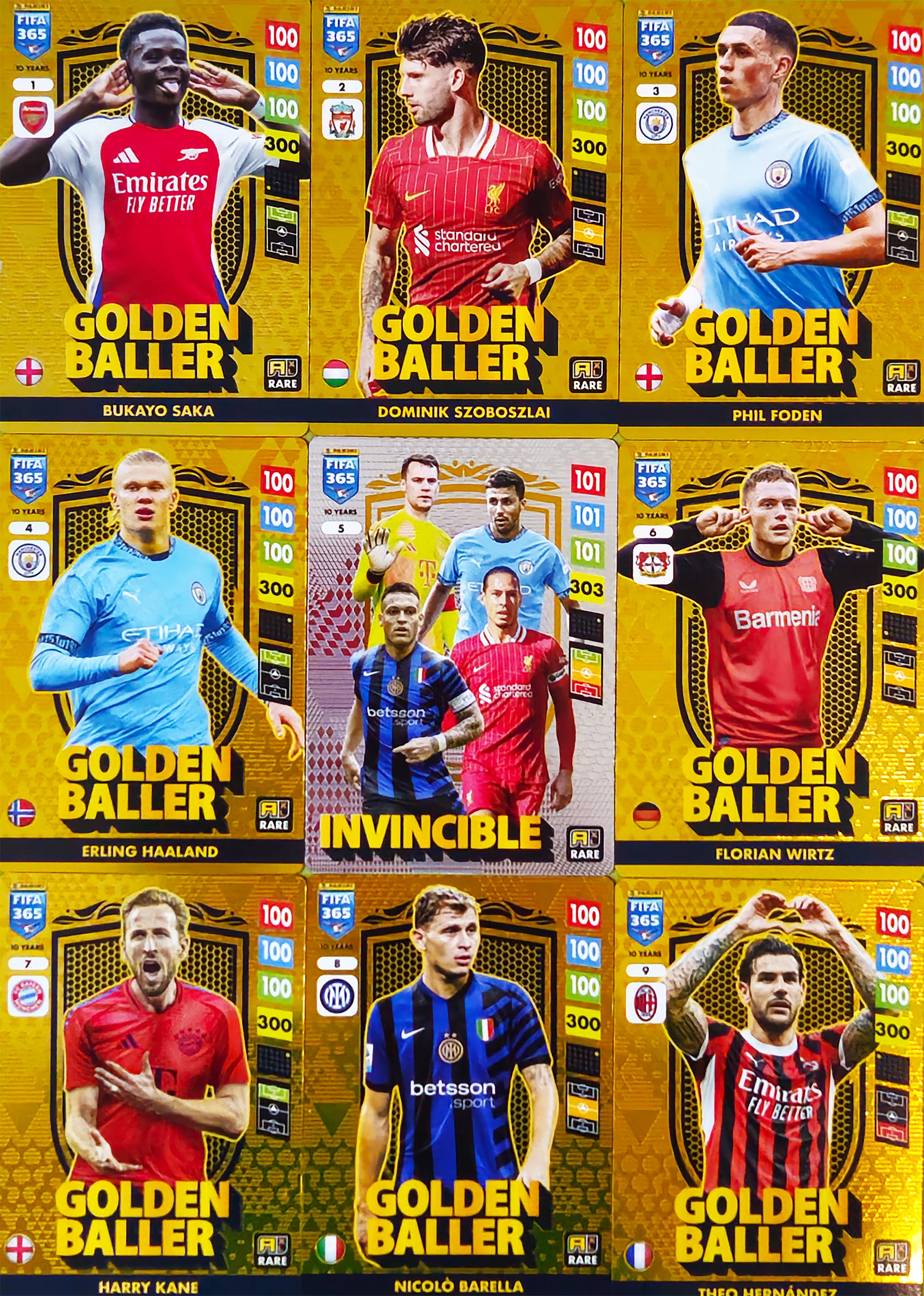 Karty Fifa 365 2025 Rare Top Master Invincible Golden Baller komplet 9 kart
