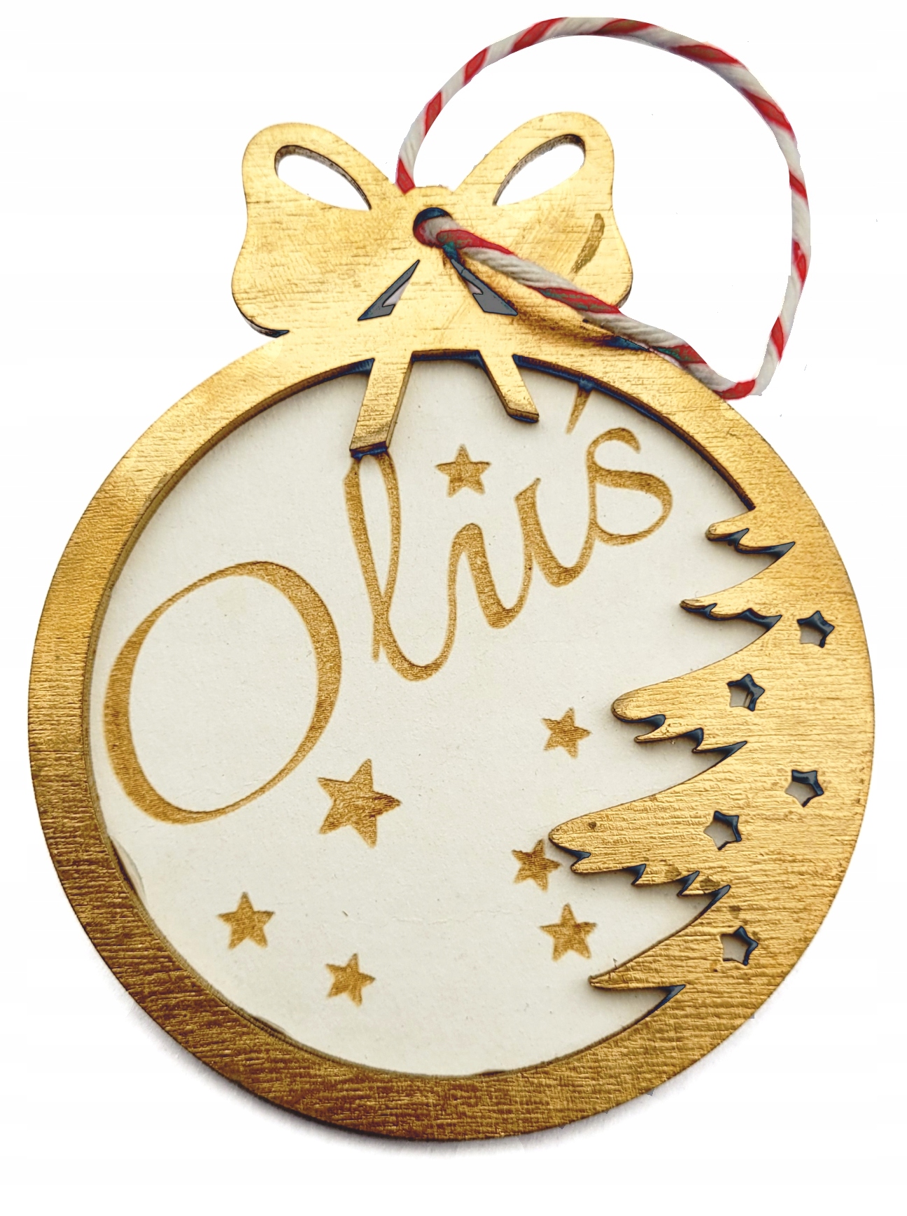 

Drewniana Bombka z imieniem na choinkę Złota 3d