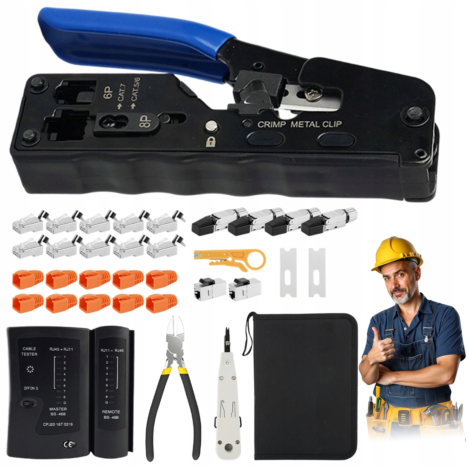 Tester kabelů síťových kabelů Krimpovač Stahovač Nástroje Konektory RJ45 RJ12