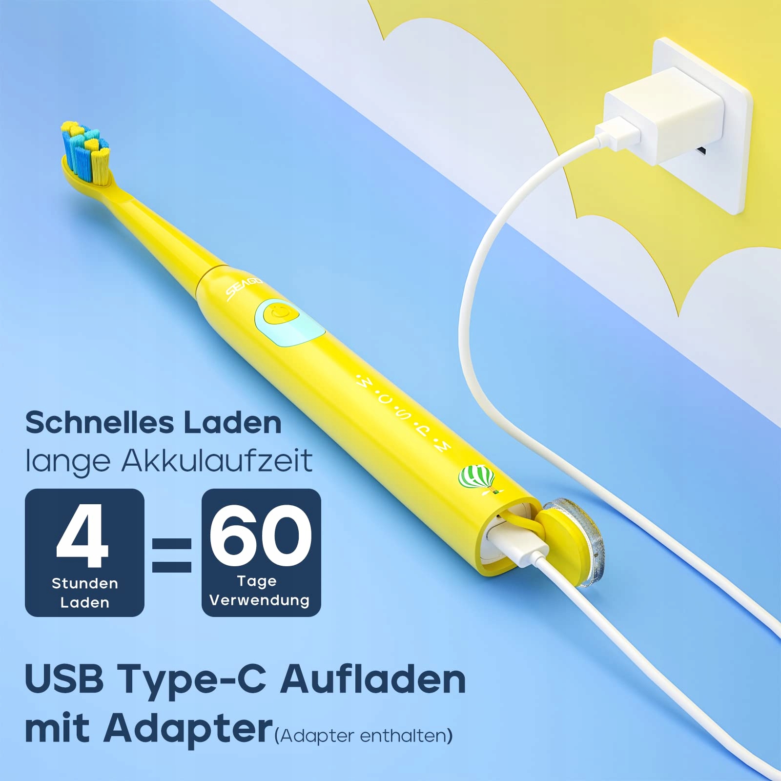 SEAGO Elektryczna Szczoteczka Dla Dzieci 6+ USB 5 Trybów IPX7 Żółta — miniatura 6