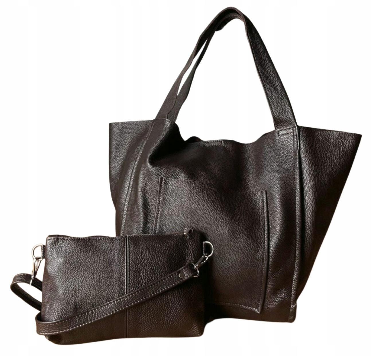 Czekoladowa torebka skóra naturalna XL shopper duży worek Vera Pelle A4