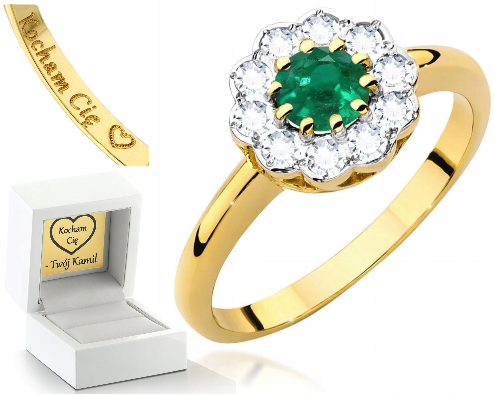 Zásnubní Prstýnek Smaragd Žluté Zlato Gravírování 585 Bonus Dárek