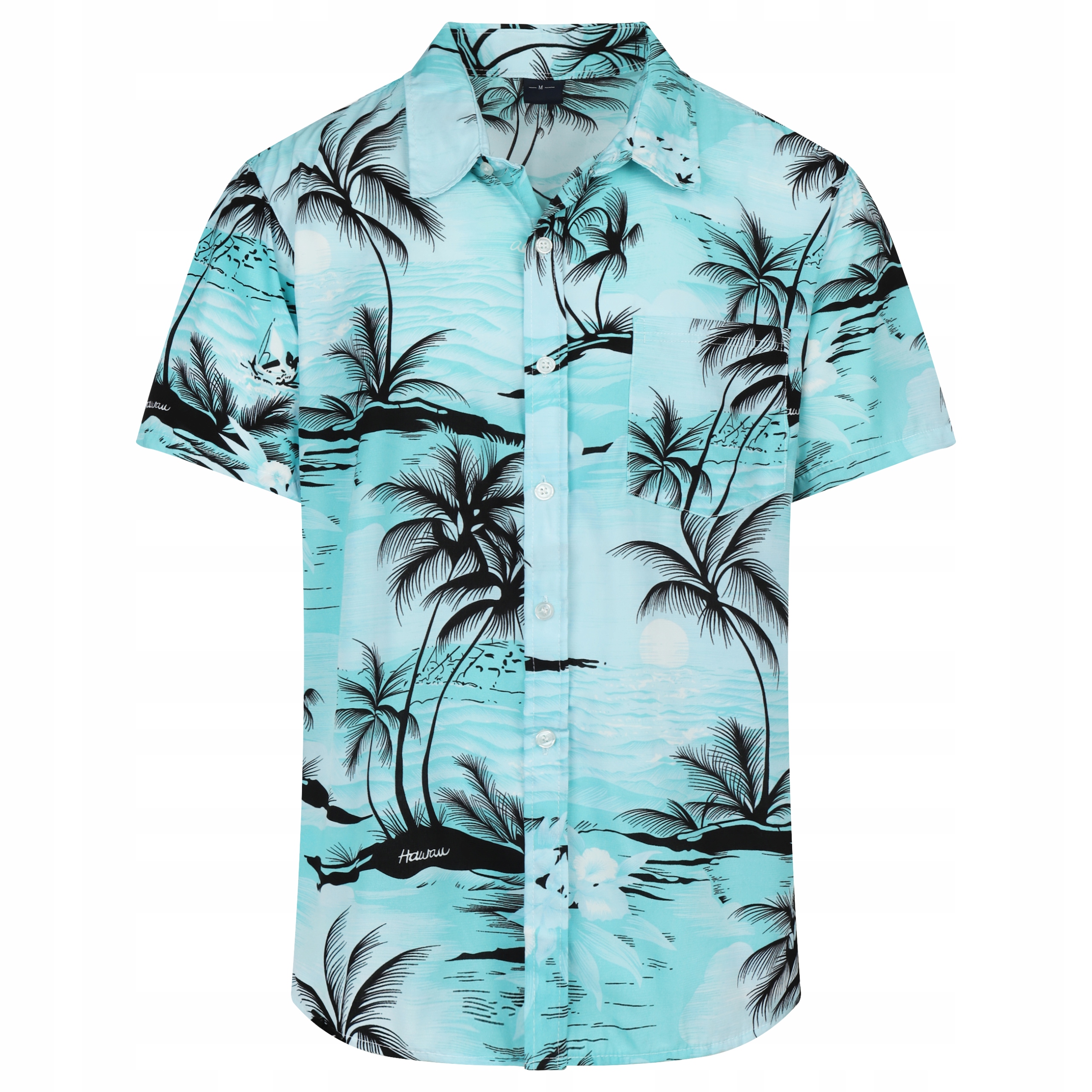 KOSZULA MĘSKA HAWAJSKA W PALMY KWIATY PLAŻA MORZE D1 BŁĘKITNA - M