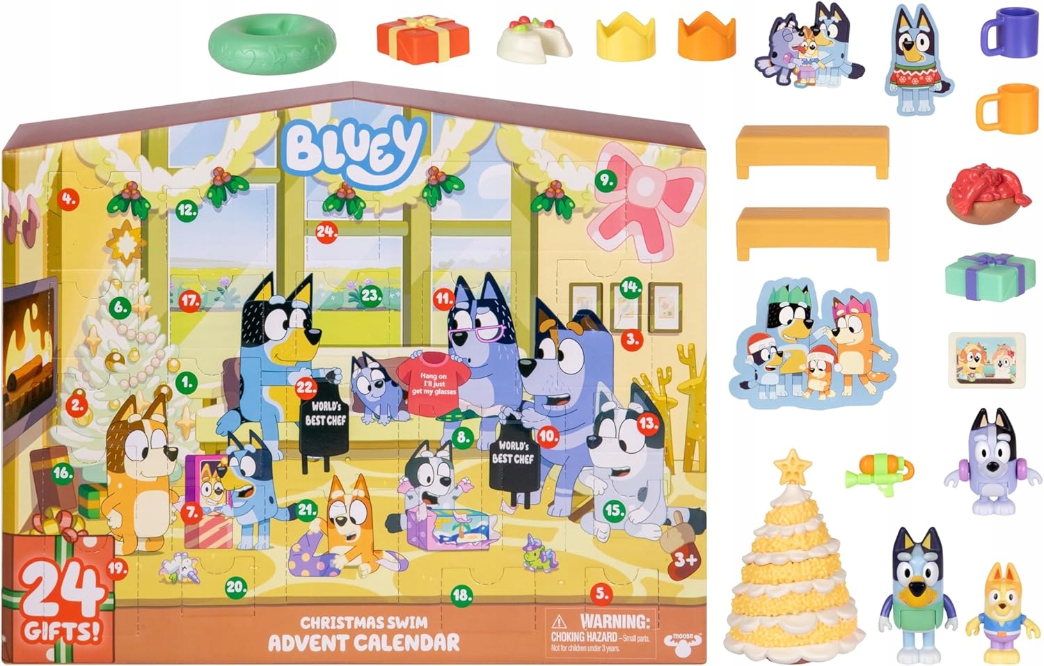 Адвент-календарь Bluey Christmas Swim, 2 фигурки, 19 аксессуаров и наклейки, от 3 лет — фото 7