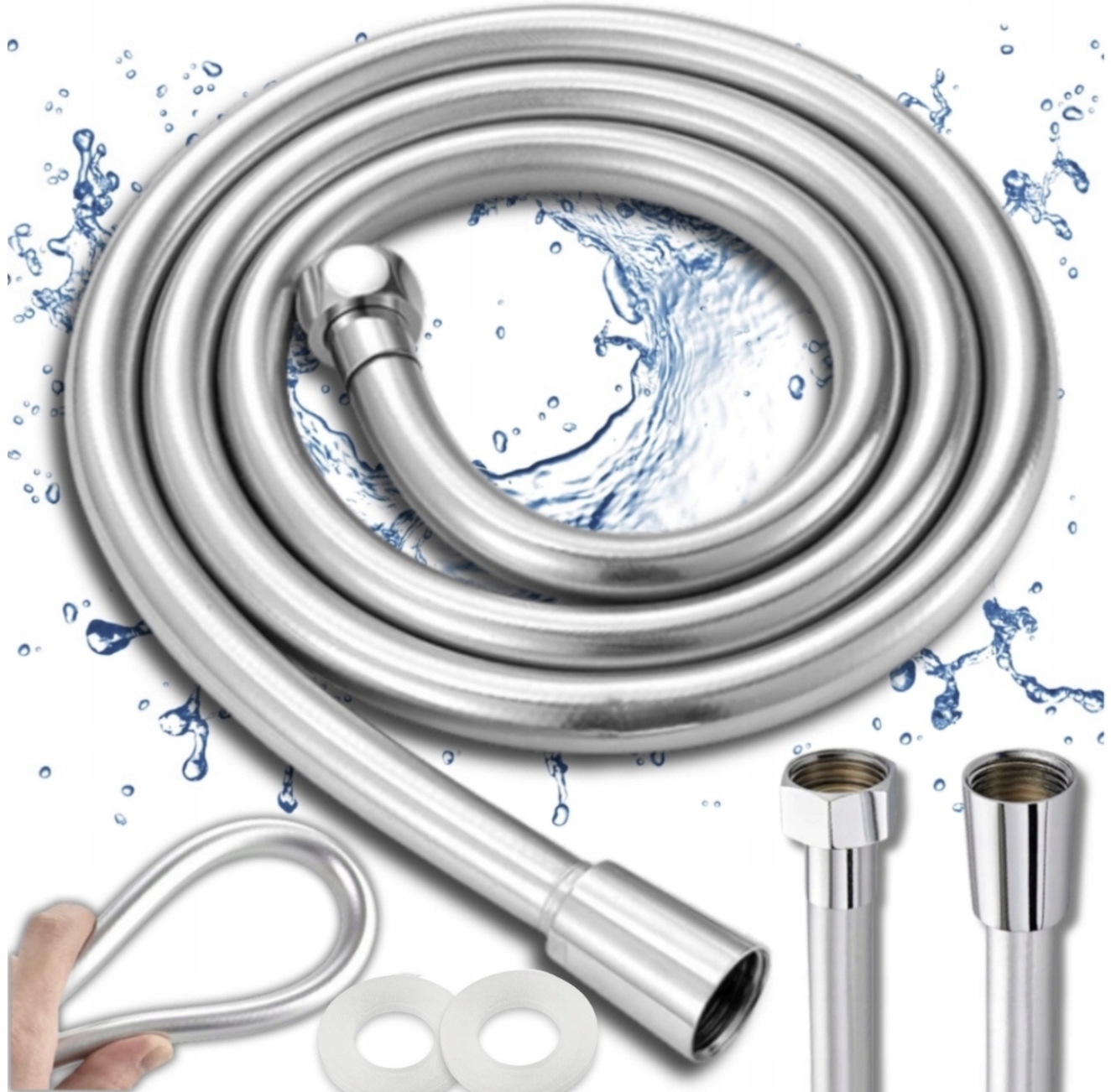 Pvc Sprchová Hadica 150 CM Gumová Strieborná, Hladká, Otočná O 360°, Univerzálna