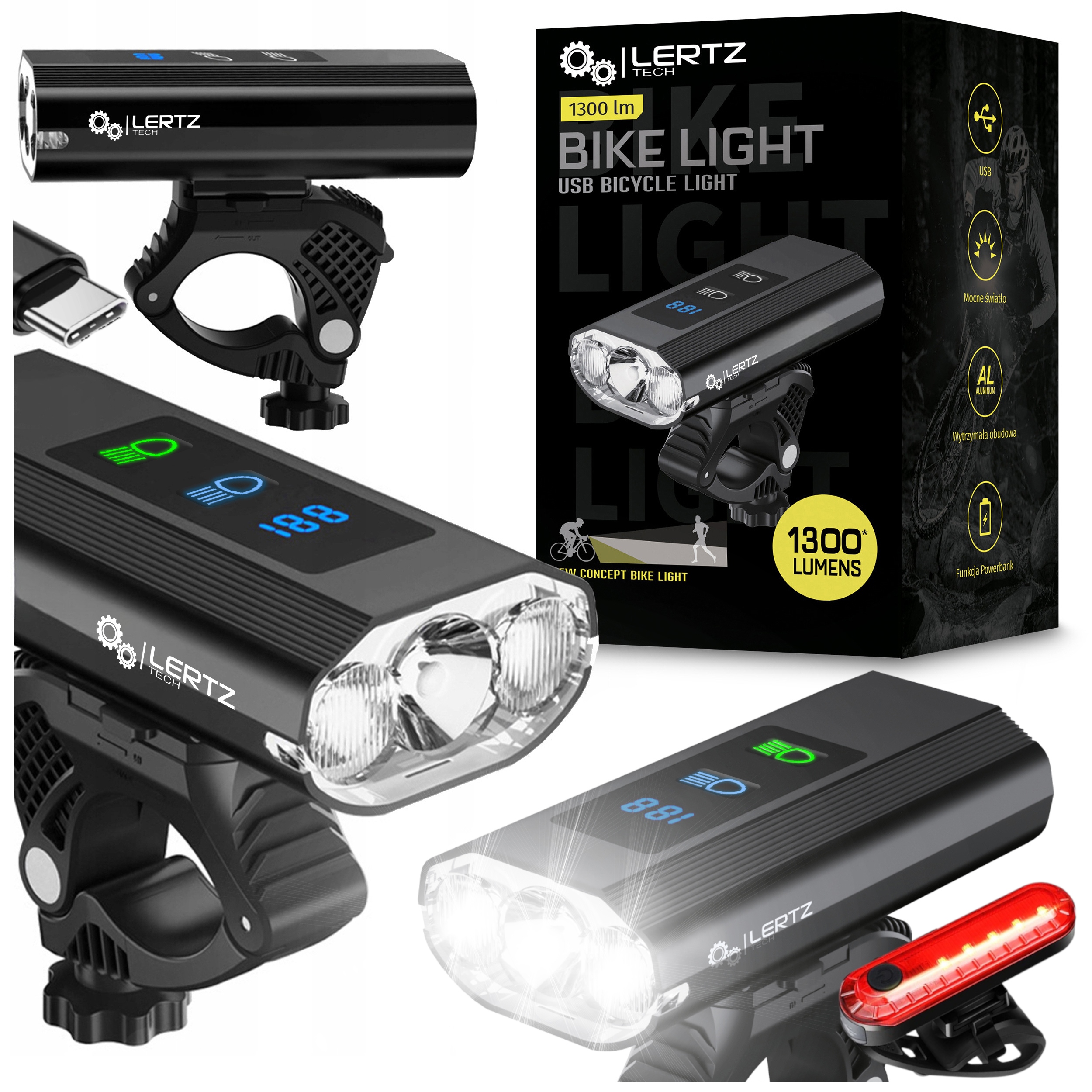 Mocna Lampka Rowerowa Światło Led 1300lm latarka 5600mA Przód Tył Powerbank