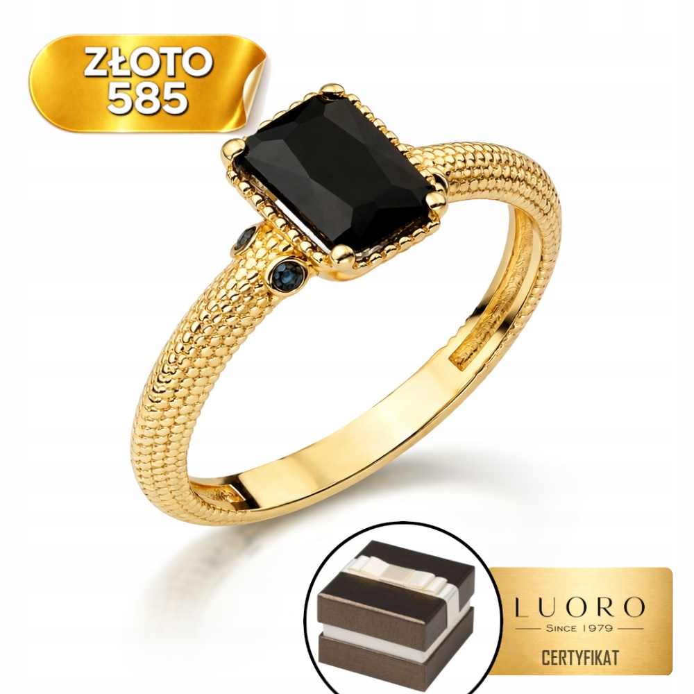 Prstýnek 585 14K S Černým Kamenem A Ozdobnou Lištou R11