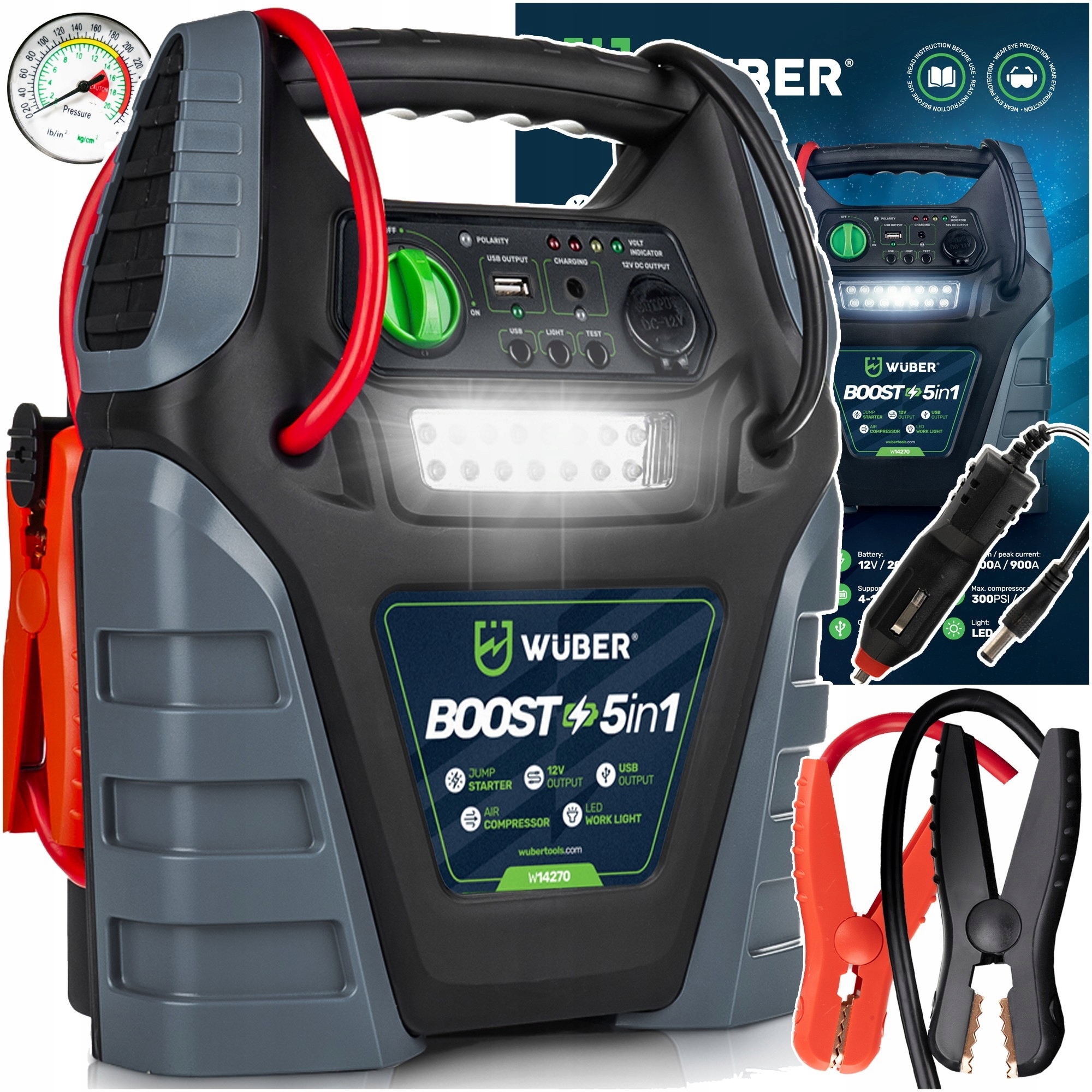 Jump starter prostownik powerbank kompresor 5W1 20 Ah ładowarka Led Wuber