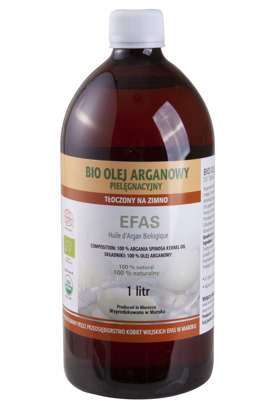 Efas Olej Arganowy Pielęgnacyjny Bio Do Twarzy, Ciała, Włosów 1L Ecocert