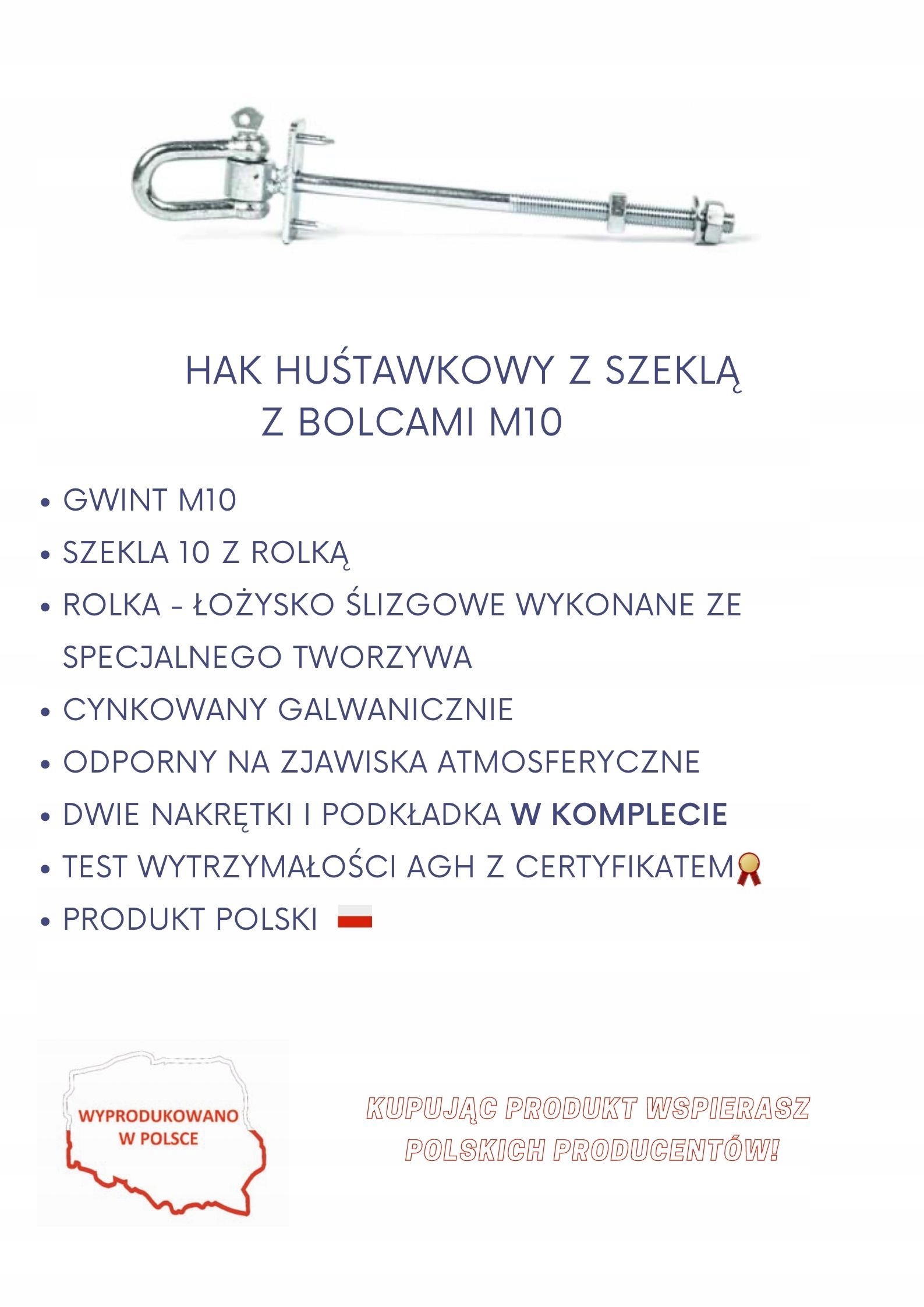 Hak DO HUŚTAWKI Z SZEKLĄ M10 BOLCE CERTYFIKAT Producent inna