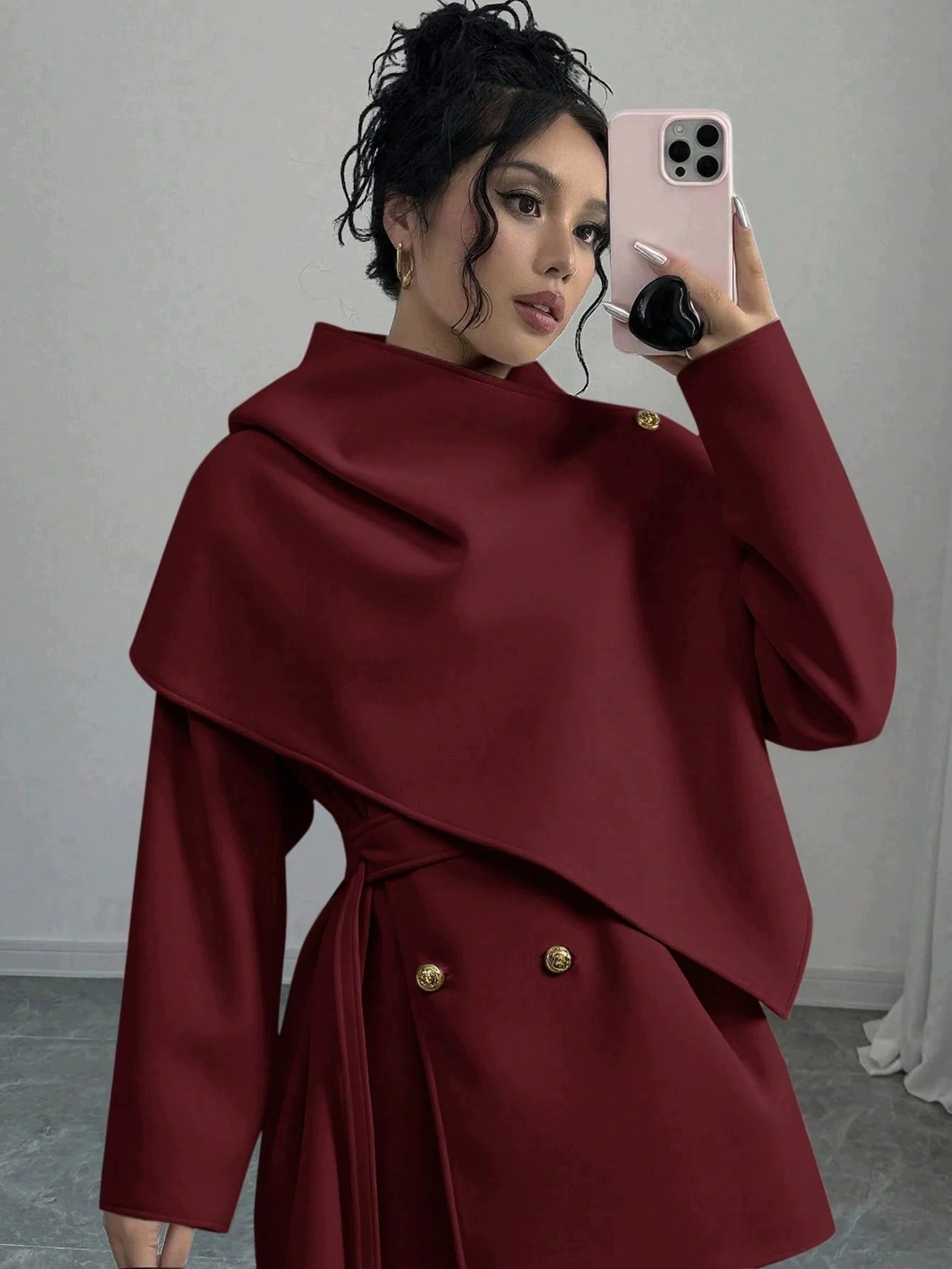 Dámský Burgundský Kabát S Páskem, Zlaté Knoflíky, Dlouhý Rukáv, Shein, Velikost 36