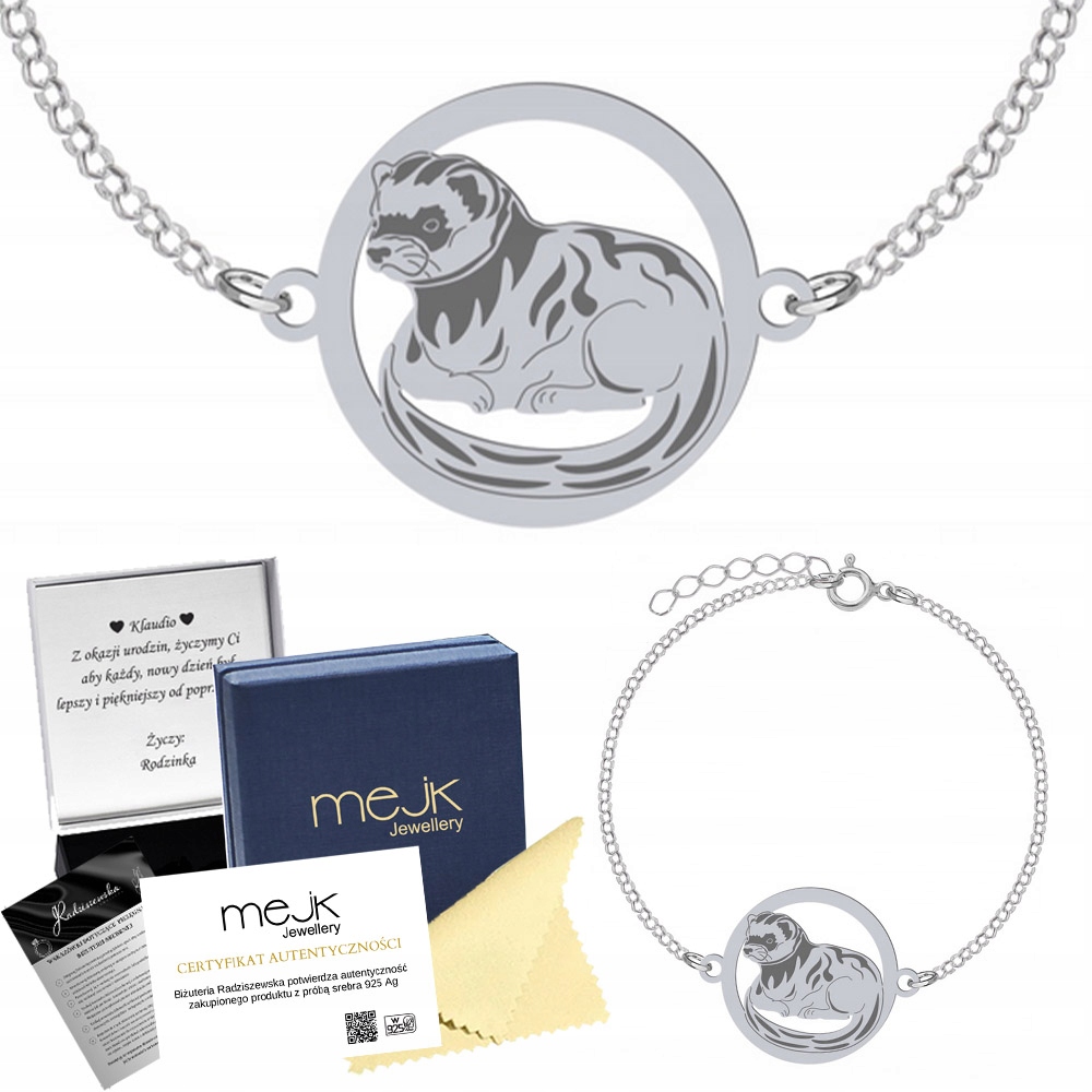 Stříbrný náramek s fretkou 925 Dárek Šperky Žena Gravírování Bonus