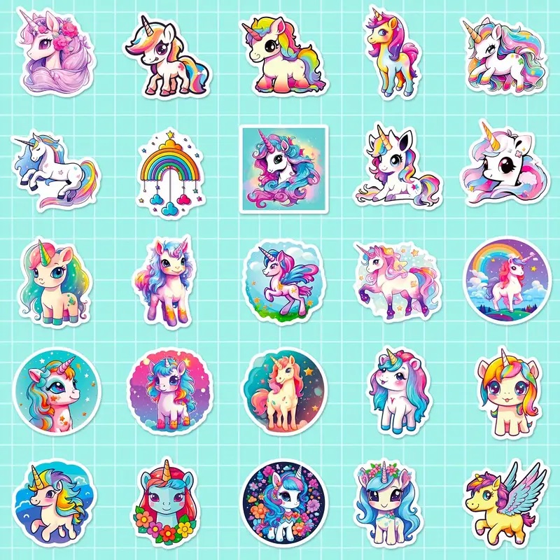 200x NAKLEJKI JEDNOROŻCE UNICORN WLEPY STICKER MIX WODOODPORNE JEDNOROŻEC Długość 50 mm