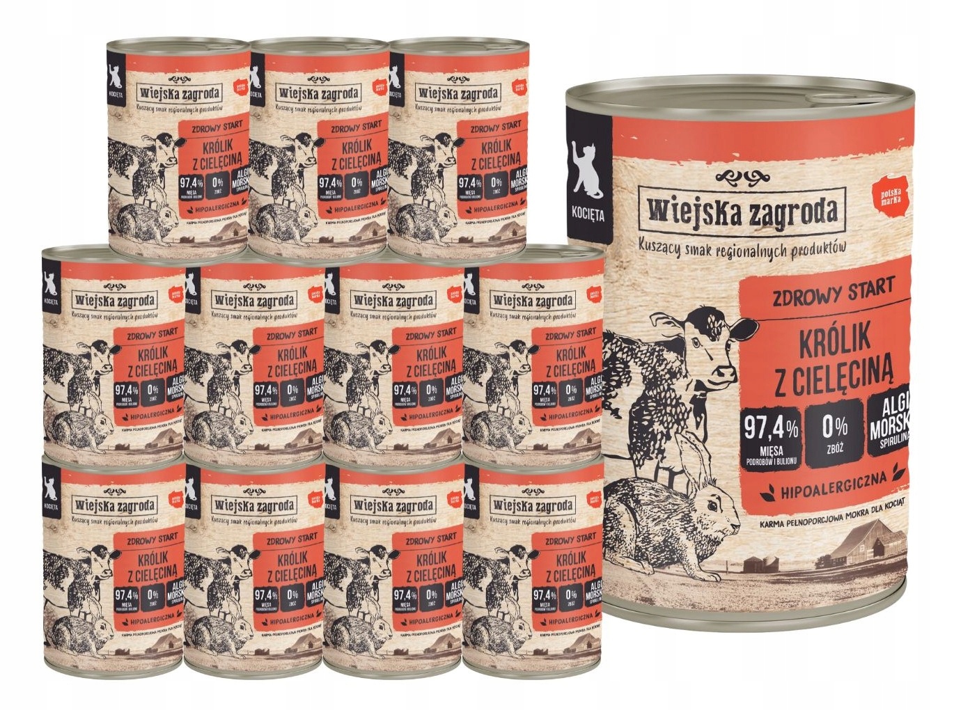 Levně Wiejska Zagroda Krmivo mokré pro kočky Králík s telecím masem Kotě 12x400g