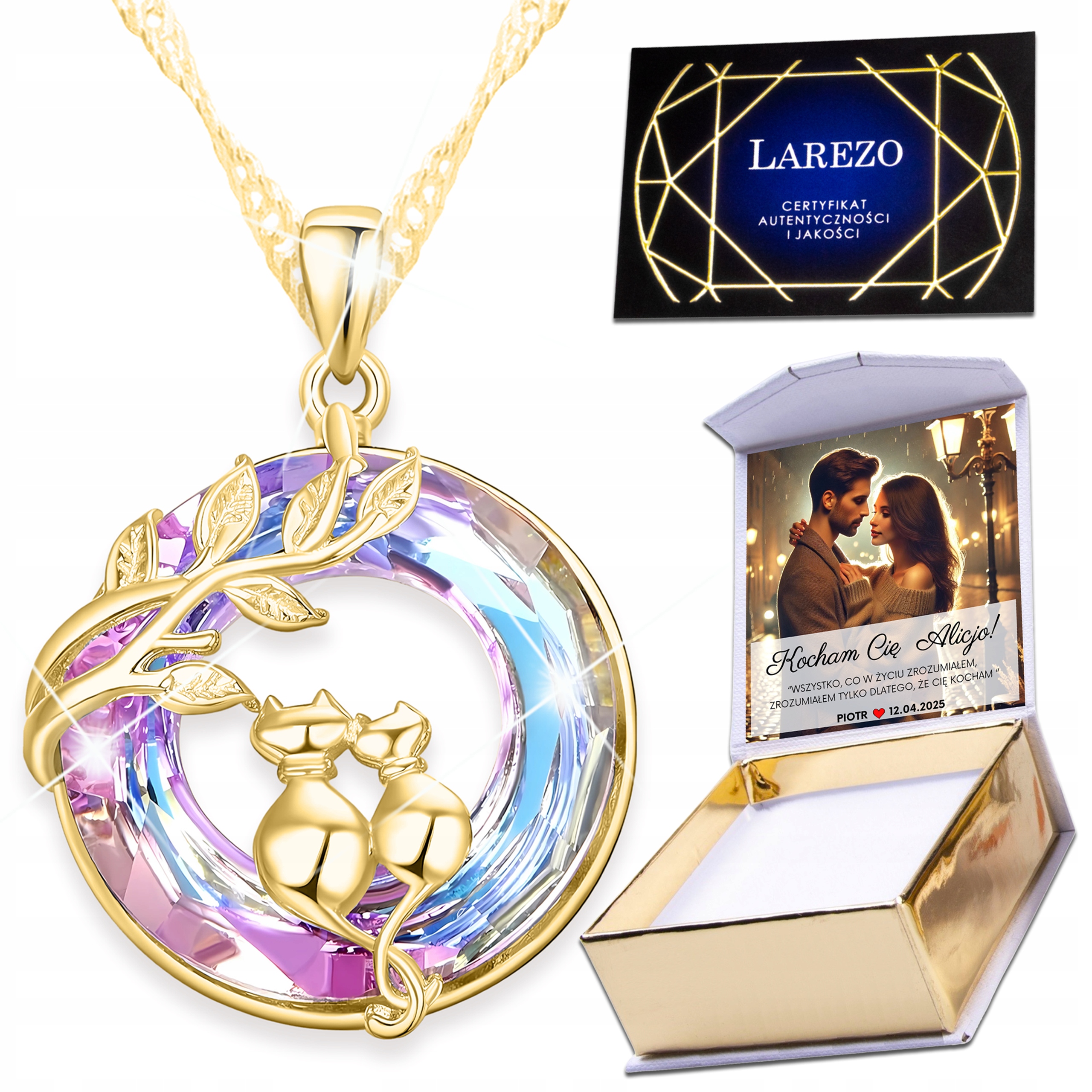 Zlatý náhrdelník 925 Fialový Křišťál s kočkami Kočka Kočky Objímání Potisk