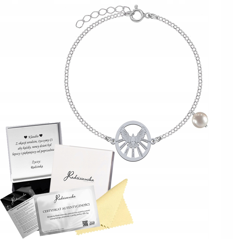 Stříbrný náramek Duch svatý Perla biřmování Dárek 925 Gravírování