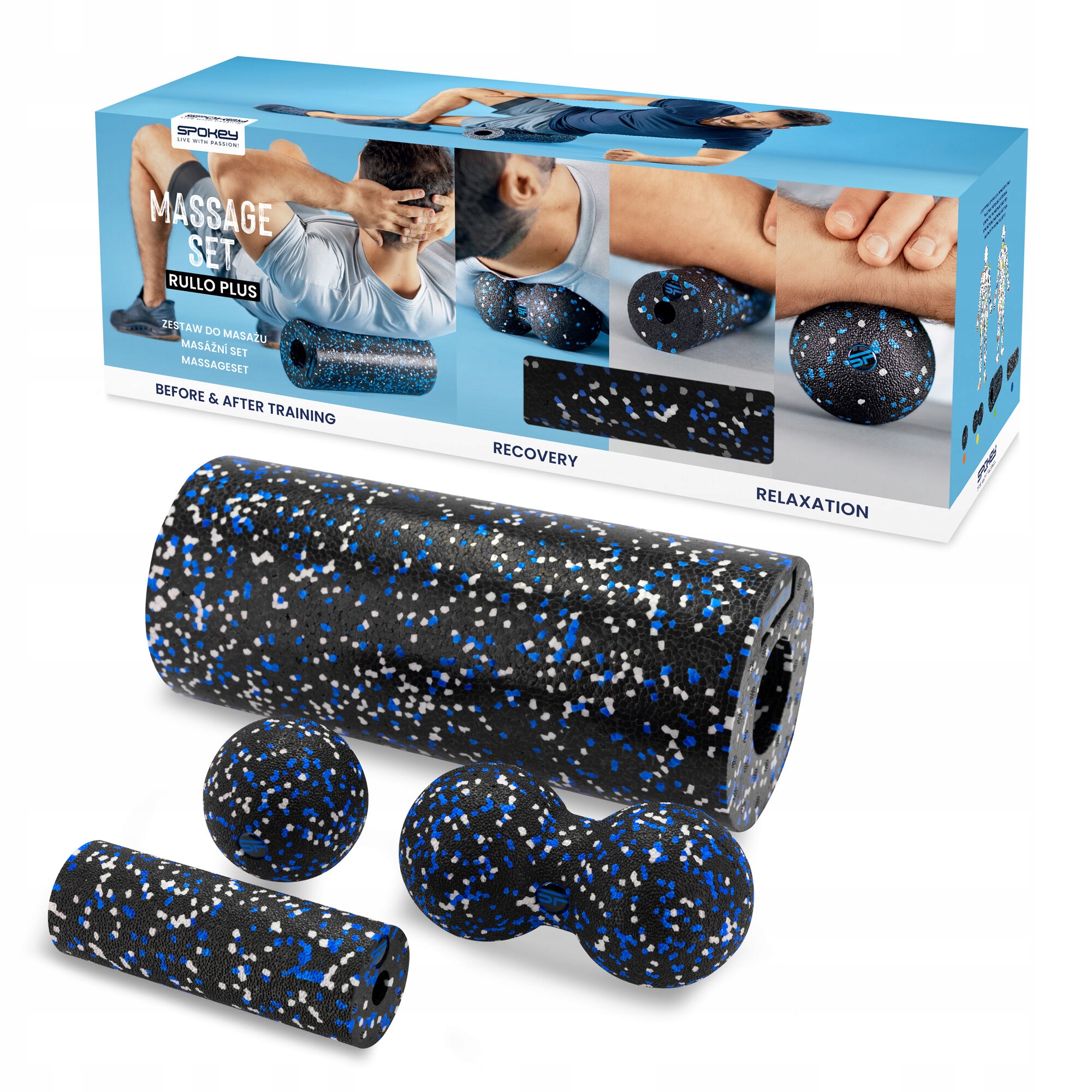 Spokey Rullo Plus – sada pro masáž a regeneraci (váleček, míčky, váleček)