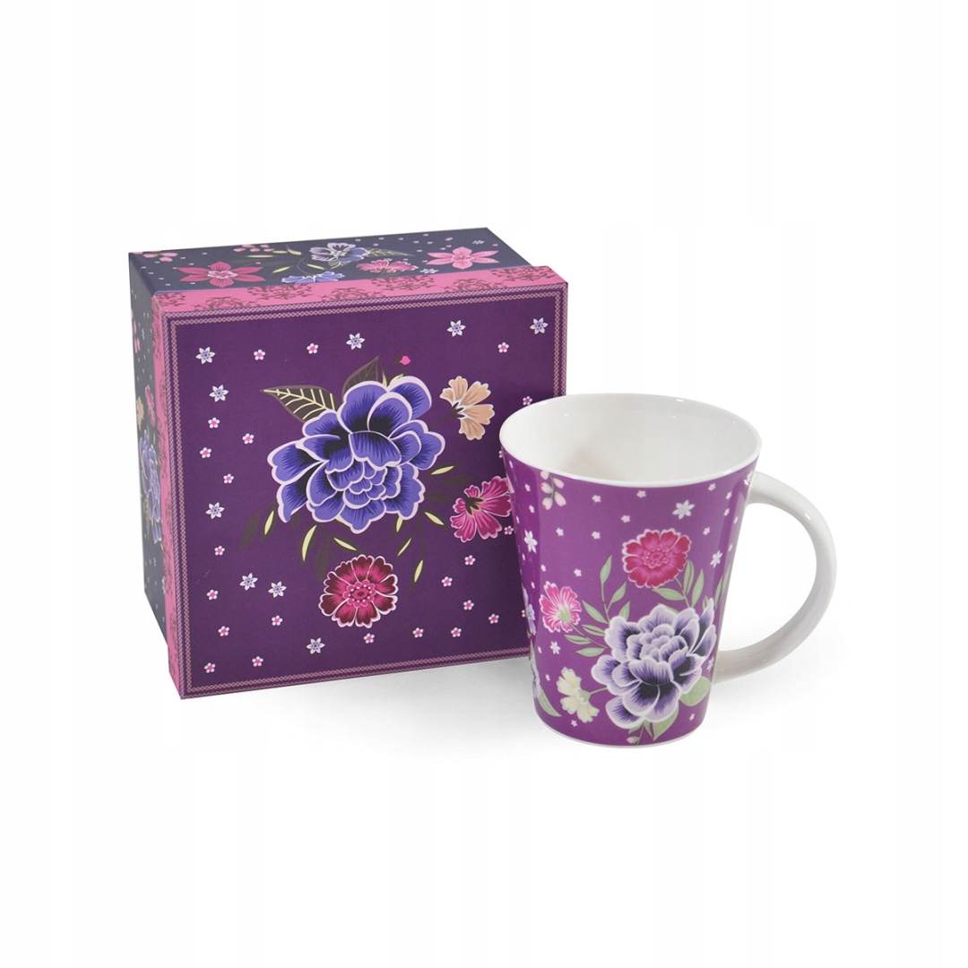 

Kubek w pudełku w kwiaty fiolet porcelana kostna