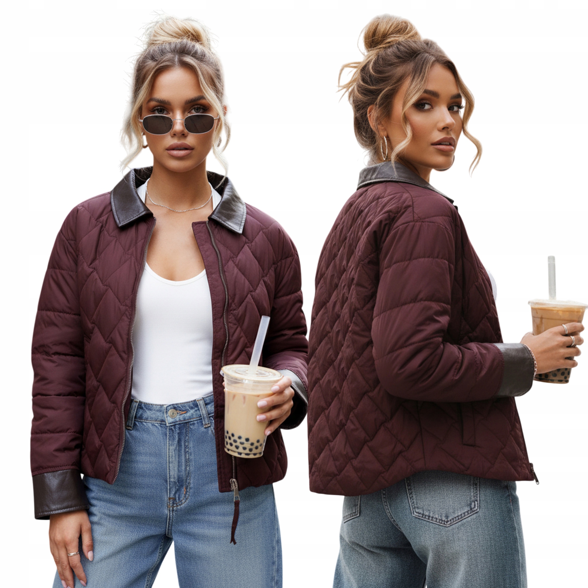 Kurtka damska pikowana przejsciowa z kołnierzem bordowa TY5620 L